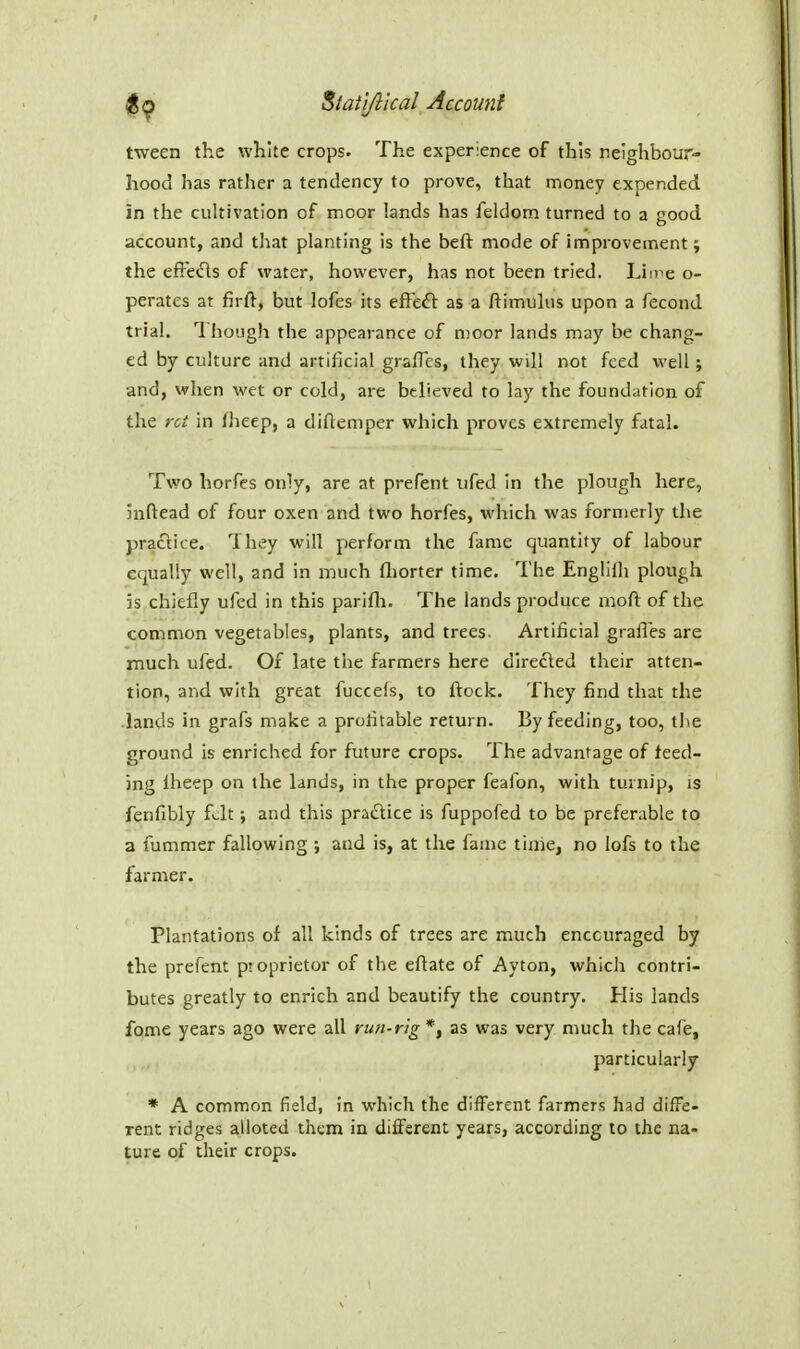 tween the white crops. The experience of this neighbour- hood has rather a tendency to prove, that money expended in the cultivation of moor lands has feldom turned to a good account, and that planting is the beft mode of improvement; the efFe^ls of water, however, has not been tried. Lime o- perates at firfl-, but lofes its efFeft: as a ftimuhis upon a fecond trial. Though the appearance of moor lands may be chang- ed by culture and artificial grafles, they will not feed well; and, when wet or cold, are believed to lay the foundation of the ret in (heep, a diflemper which proves extremely fatal. Two horfes only, are at prefent iifed in the plough here, jnftead of four oxen and two horfes, which was formerly the practice. They will perform the fame quantity of labour equally well, and in much fliorter time. The Englifli plough is chiefly ufed in this parifli. The lands produce niofi: of the common vegetables, plants, and trees. Artificial grafl'es are much ufed. Of late the farmers here directed their atten- tion, and with great fuccefs, to ftock. They find that the .lands in grafs make a profitable return. By feeding, too, the ground is enriched for future crops. The advantage of feed- ing Iheep on the lands, in the proper feafon, with turnip, is fenfibly fJt; and this practice is fuppofed to be preferable to a tlimmer fallowing ; and is, at the fame time, no lofs to the farmer. Plantations of all kinds of trees are much encouraged by the prefent proprietor of the eftate of Ayton, which contri- butes greatly to enrich and beautify the country. His lands fome years ago were all run-rig*^ as was very much the cafe, particularly * A common field, in which the different farmers had difFe- rent ridges alloted them in different years, according to the na- ture of their crops.