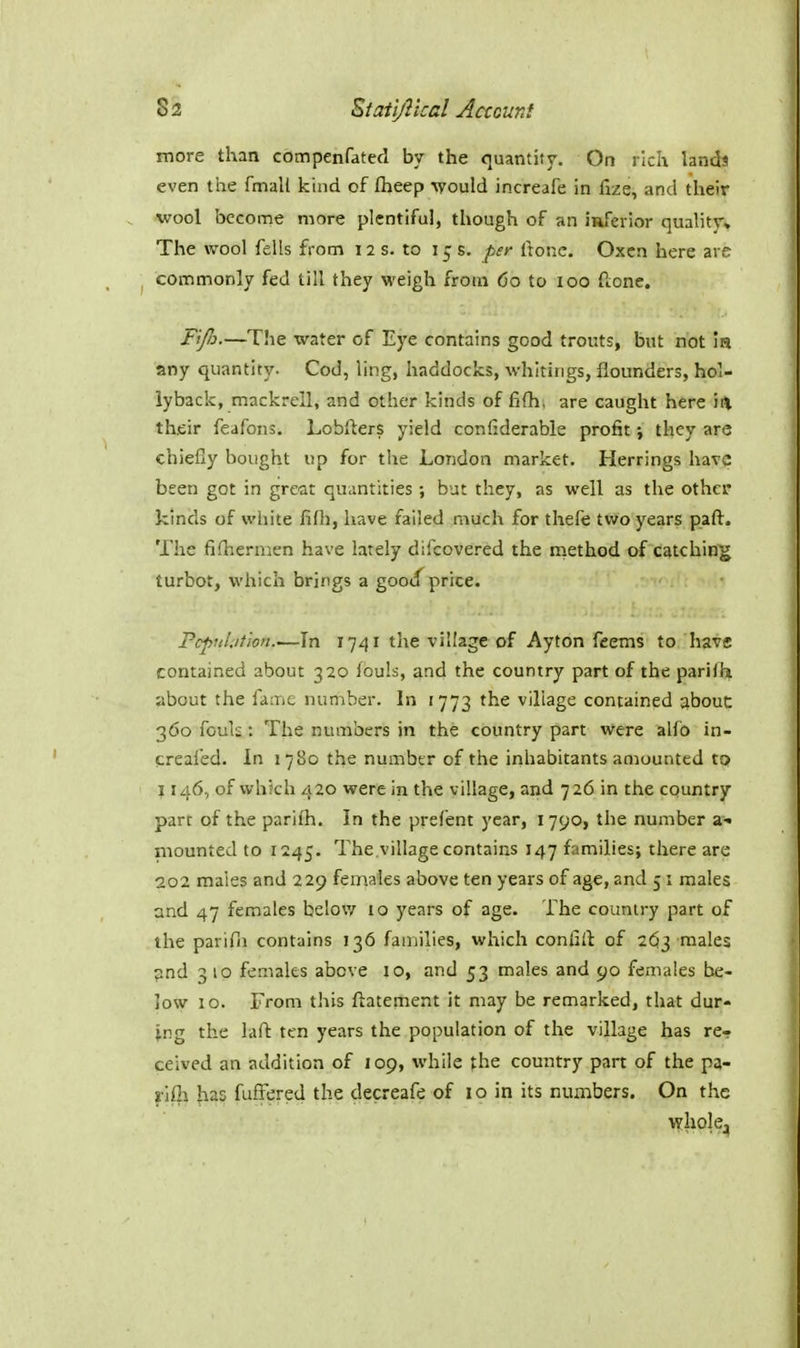 more than compenfated by the quantity. On rich lands even the fmall kind of fheep %yould increafe in fize, and their wool become more plentiful, though of an iRfeiior quality* The wool fells from 12 s. to 15 s. per ftonc. Oxen here are commonly fed till they weigh from Co to 100 ftone. Fijld.—The water of Eye contains good trouts, but not la any quantity. Cod, ling, haddocks, whitings, flounders, hol- lyback, mackrell, and other kinds of fifh, are caught here in their feafons. Lobfters yield confiderable profit; they are chiefly bought up for the London market. Herrings hare been got in great quantities ; but they, as well as the other kinds of white lifli, have failed much for thefe tvvo years paft. The fifhermen have lately difcovered the method of catching turbot, which brings a goot^price. Pcpubtion.—In 174 r the village of Ayton feems to have contained about 320 fouls, and the country part of the parifh about the fame number. In 1773 the village contained abouc 360 fouls: The numbers in the country part Were alfo in- crealed. In 1780 the number of the inhabitants amounted to 1146, of which 420 were in the village, and 726 in the country part of the pariih. In the prefent year, 1790, the number a-« mounted to 1245. The.village contains 147 families; there are 2Q2 males and 229 females above ten years of age, and 51 males and 47 females below 10 years of age. The country part of the parifn contains 136 families, which coniill: of 2(33 males pnd 3 10 females above 10, and 53 males and 90 females be- low 10. From this ftatement it may be remarked, that dur- ing the lafl: ten years the population of the village has re- ceived an addition of 109, while the country part of the pa- rifti has fufFered the decreafe of 10 in its numbers. On the whole;,