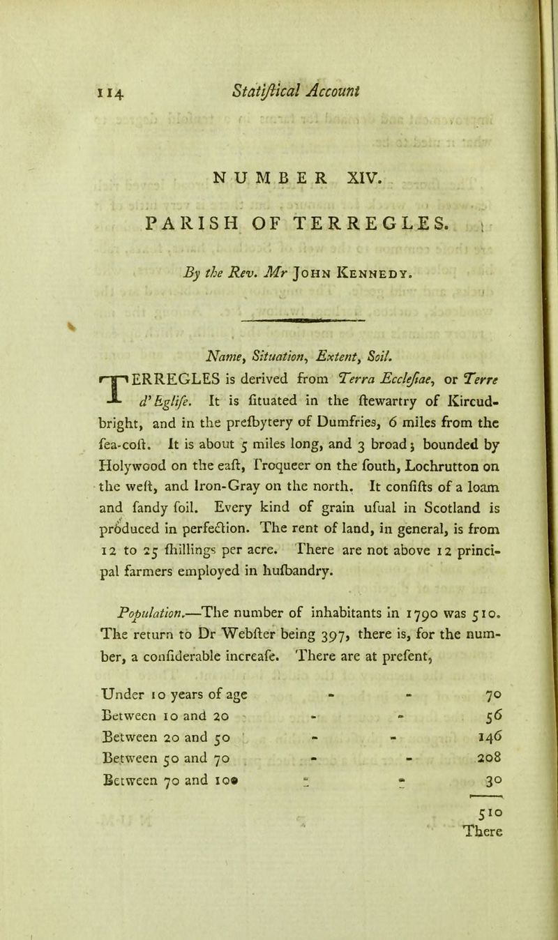 NUMBER XIV. PARISH OF TERREGLES. By the Rev. Mr John Kennedy. Name, Situation^ Extent, Soil. TERREGLES is derived from Terra Ecclefiae, or Terre d'EgHfe. It is lituated in the ftewartry of Kircud- bright, and in the prefbytery of Dumfries, 6 miles from the fea-colt. It is about 5 miles long, and 3 broad j bounded by Holywood on the eaft, Froqueer on the fouth, Lochrutton on the weft, and Iron-Gray on the north. It confifts of a loam and fandy foil. Every kind of grain ufual in Scotland is produced in perfeflion. The rent of land, in general, is from 12 to 25 {hillings per acre. Fhere are not above 12 princi- pal farmers employed in hulbandry. Population.—The number of inhabitants In 1790 was 510. The return to Dr Webfter being 397, there is, for the num- ber, a confiderable increafe. There are at prefent, Under i o years of age - . 70 Between 10 and 20 - - 56 Between 20 and 50 - - 146 Between 50 and 70 - - 208 Between 70 and io» : - 30 510 There