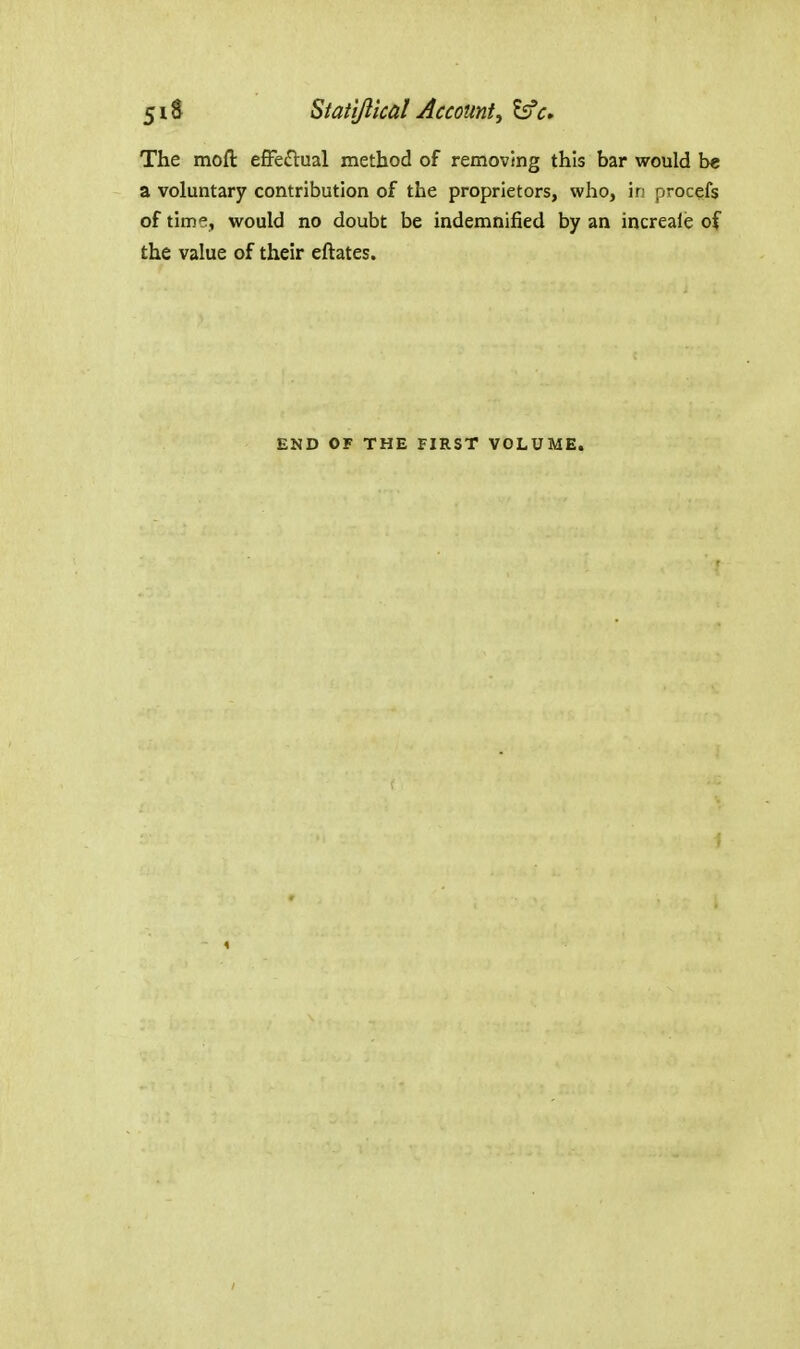 5iS Statijlkal Account, ^c. The moft effectual method of removing this bar would be a voluntary contribution of the proprietors, who, in procefs of tivney would no doubt be indemnified by an increaie of the value of their eftates. END OF THE FIRST VOLUME.