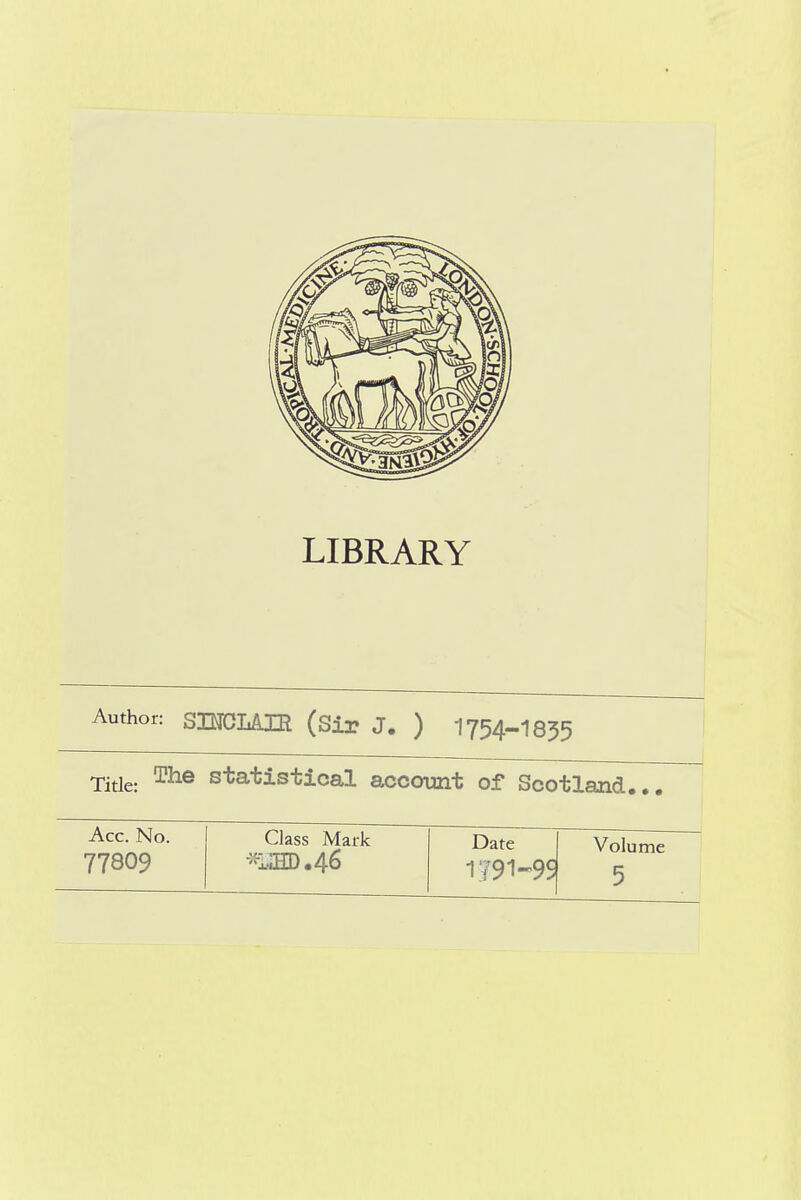 LIBRARY Author: SINCIAIR (Sir J. ) 1754-1855 Title: ^® statistical accotjnt of Scotland... Acc. No. 77809 Class Mark