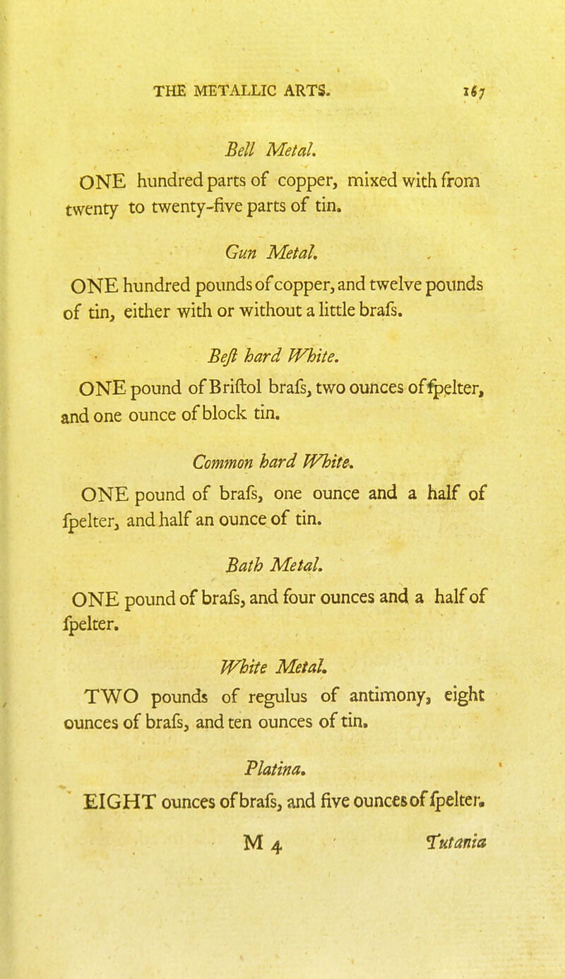 Bell Metal. ONE hundred parts of copper, mixed with from twenty to twenty-five parts of tin. Gun Metal. ONE hundred pounds of copper, and twelve pounds of tin, either with or without a little brafs. Beft hard White. ONE pound of Briftol brafs, two ounces ofipelter, and one ounce of block tin. Common hard White. ONE pound of brafs, one ounce and a half of fpelter, and half an ounce of tin. Bath Metal. ONE pound of brafs, and four ounces and a half of fpelter. White Metal. TWO pounds of regulus of antinnony, eight ounces of brafs, and ten ounces of tin. Vlatina, EIGHT ounces of brafs, and five ouncesof Ipelter. M 4 Hutania