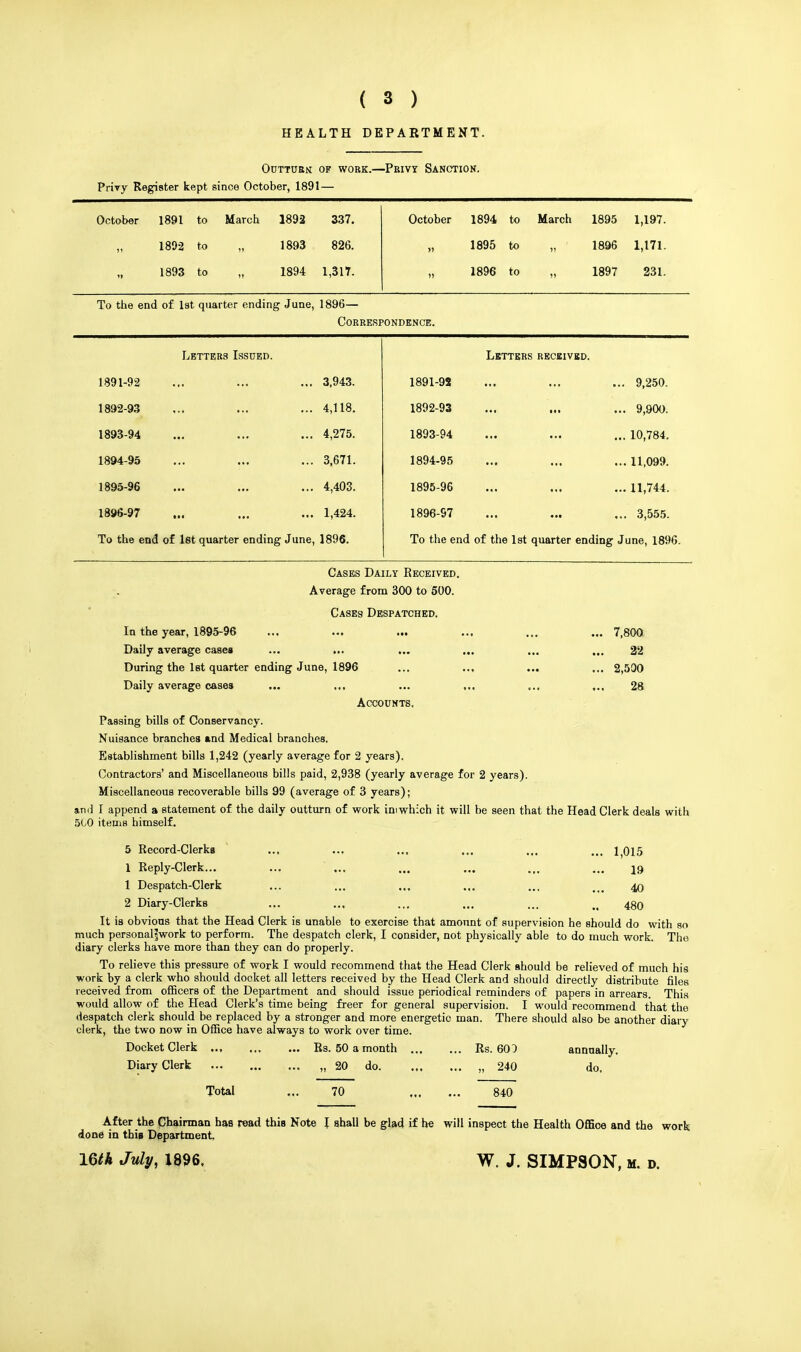 HEALTH DEPARTMENT. Outturn of work.—Privy Sanction. Privy Register kept since October, 1891— October 1891 to March 1892 337. October 1894 to March 1895 1,197. 1892 to „ 1893 826. » 1895 to „ 1896 1,171. 1893 to „ 1894 1,317. 1896 to „ 1897 231. To the end of 1st quarter ending June, 1896— Correspondence. Letters Issued. Letters received. 1891-92 3,943. 1891-93 9,250. 1892-93 4,118. 1892-93 ... III ... 9,900. 1893-94 4,275. 1893-94 10,784. 1894-95 3,671. 1894-95 11,099. 1895-96 4,403. 1895-96 11,744. 1896-97 1,424. 1896-97 •** • •• ... 3,555. To the end of 1st quarter ending June, 1896. To the end of the 1st quarter ending J une, 1896. Cases Daily Eeceived. Average from 300 to 500. Cases Despatched. In the year, 1895-96 ... ... ... ... ... ... 7,800 Daily average cases ... ... ... ... ... ... 22 During the 1st quarter ending June, 1896 ... ... ... ... 2,500 Daily average cases ... ... ... ... ... ... 28 Accounts. Passing bills of Conservancy. Nuisance branches and Medical branches. Establishment bills 1,242 (yearly average for 2 years). Contractors' and Miscellaneous bills paid, 2,938 (yearly average for 2 years). Miscellaneous recoverable bills 99 (average of 3 years); and I append a statement of the daily outturn of work imwhich it will be seen that the Head Clerk deals with 5C0 items himself. 5 Record-Clerks ... ... ... ... ... .,, 1015 1 Reply-Clerk... ... ... ... ... ... ... 19 1 Despatch-Clerk ... ... ... ... ... ... 40 2 Diary-Clerks ... ... ... ... ... M 40,0 It is obvious that the Head Clerk is unable to exercise that amount of supervision he should do with so much personaljwork to perform. The despatch clerk, I consider, not physically able to do much work. The diary clerks have more than they oan do properly. To relieve this pressure of work I would recommend that the Head Clerk should be relieved of much his work by a clerk who should docket all letters received by the Head Clerk and should directly distribute files received from officers of the Department and should issue periodical reminders of papers in arrears. This would allow of the Head Clerk's time being freer for general supervision. I would recommend that the despatch clerk should be replaced by a stronger and more energetic man. There should also be another diary clerk, the two now in Office have always to work over time. Docket Clerk Rs. 50 a month Rs. 60) annually. Diary Clerk ... „ 20 do ,,240 do. Total ... 70 840 After the Chairman has read this Note I shall be glad if he will inspect the Health Office and the work done in this Department,