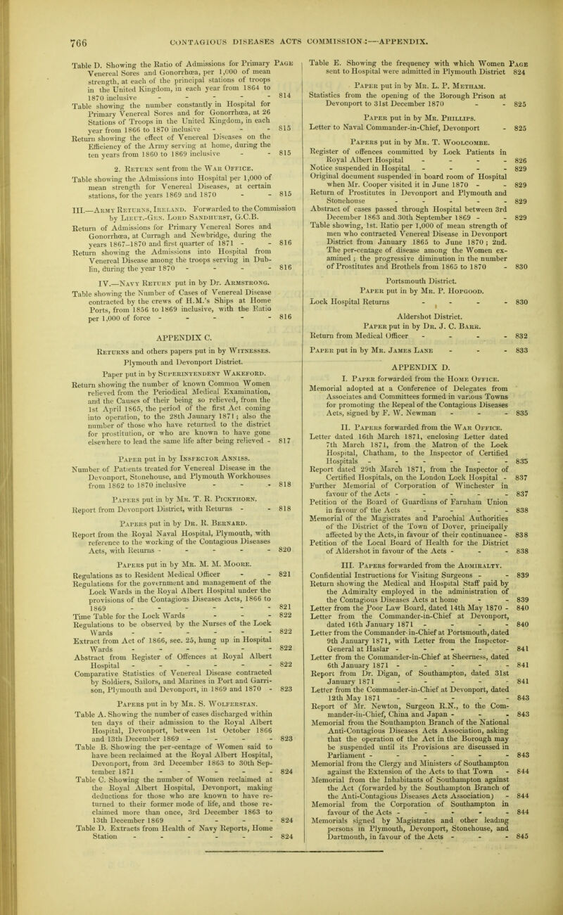 Table D. Showing the Eatio of Admissions for Primary Page Venereal Sores and Gonorrhoea, per 1,000 of mean strength, at each of the principal stations of troops in the United Kingdom, in each year from 1864 to 1870 inclusive - - - ^^'^ Table showing the number constantly in Hospital for Primary Venereal Sores and for Gonorrhoea, at 26 Stations of Troops in the United Kingdom, in each year ft-om 1866 to 1870 inclusive - - - 815 Keturn showing the efiect of Venereal Diseases on the Efficiency of the Army serving at home, during the ten years from 1860 to 1869 inclusive - - 815 2. Eetukn sent from the Wak Office. Table showing the Admissions into Hospital per 1,000 of mean strength for Venereal Diseases, at certain stations, for the years 1869 and 1870 - - 815 III. Akmy Returns, Ireland. Forwarded to the Commission by Lieut.-Gen. Lord Sandhurst, G.C.B. Keturn of Admissions for Primary Venereal Sores and Gonorrhoea, at Curragh and Newbridge, dm-ing the years 1867-1870 and first quarter of 1871 - - 816 Retirrn showing the Admissions into Hospital from Venereal Disease among the troops serving in Dub- lin, during the year 1870 - - - - 816 IV.—Navy Return put in by Dr. Armstrong. Table showing the Number of Cases of Venereal Disease contracted by the crews of H.M.'s Ships at Home Ports, from 1856 to 1869 inclusive, with the Katie per 1,000 of force - - - - - 816 APPENDIX C. Returns and others papers put in by Witnesses. Plymouth and Devonport District. Paper put in by Sui'Erintendent Wakeford. Return showing the number of known Common Women relieved from the Periodical Medical Examination, and the Causes of their being so relieved, from the 1st April 1865, the period of the first Act coming into operation, to the 28th Jaunary 1871 ; also the number of those who have returned to the district for prostitution, or who are known to have gone elsewhere to lead the same life after being relieved - 817 Paper put in by Inspector Anniss. Number of Patients treated for Venereal Disease in the Devonport, Stonehouse, and Plymouth Workhouses from 1862 to 1870 inclusive . - , 818 Papers put in by Mr. T. R. Pickthorn. Report from Devonport District, with Returns - - 818 Papers put in by Dr. R. Bernard. Report from the Royal Naval Hospital, Plymouth, with reference to the working of the Contagious Diseases Acts, with Returns ----- 820 Papers put in by Mr. M. M. Moore. Regulations as to Resident iVledical Officer - - 821 Regulations for the government and management of the Lock Wards in the Royal Albert Hospital under the provisions of the Contagious Diseases Acts, 1866 to 1869 ------ 821 Time Table for the Lock Wards - - - 822 Regulations to be observed by the Nurses of the Lock Wards ------ 822 Extract from Act of 1866, sec. 25, hung up in Hospital Wards - - - - - - 822 Abstract from Register of Offences at Royal Albert Hospital - - - - - - 822 Comparative Statistics of Venereal Disease contracted by Soldiers, Sailors, and Marines in Port and Garri- son, Plymouth and Devonport, in 1809 and 1870 - 823 Papers put in by Mr. S. Wolferstan. Table A. Showing the number of cases discharged within ten days of their admission to the Royal Albert Hospital, Devonport, between 1st October 1806 and 13tli December 1869 - - - - 823 Table B. Showing the per-centage of Women said to have been reclaimed at the Royal Albert Hospital, Devonport, from 3rd December 1863 to 30th Sep- tember 1871 - - - - - 824 Table C. Showing the number of Women reclaimed at the Royal Albert Hospital, Devonport, making deductions for those who are known to have re- turned to their former mode of life, and those re- claimed more than once, 3rd December 1863 to 13th December 1869 - - - - 824 Table D. Extracts from Health of Navy Reports, Home Station ...... 824 Table E. Showing the frequency with which Women Page sent to Hospital were admitted in Plymouth District 824 Paper put in by Mr. L. P. Metham. Statistics from the opening of the Borough Prison at Devonport to 31st December 1870 - - 825 Paper put in by Mr. Phillips. Letter to Naval Commander-in-Chief, Devonport - 825 Papers put in by Mr. T. Woolcombe. Register of offences committed by Lock Patients in Royal Albert Hospital - - . . §26 Notice suspended in Hospital - . . . §29 Original document suspended in board room of Hospital when Mr. Cooper visited it in June 1870 - - 829 Return of Prostitutes in Devonport and Plymouth and Stonehouse ..... §29 Abstract of cases passed through Hospital between 3rd December 1863 and 30th September 1809 - - 829 Table showing, 1st. Ratio per 1,000 of mean strength of men who contracted Venereal Disease in Devonport District from January 1865 to June 1870 ; 2nd. The per-centage of disease among the Women ex- amined ; the progressive diminution iu the number of Prostitutes and Brothels from 1860 to 1870 - 830 Portsmouth District. Paper put in by Mr. P. Hopgood. Lock Hospital Returns ... 830 832 833 Aldershot District. Paper put in by Dr. J. C. Bare. Return from Medical (Officer ... Paper put in by Mr. James Lane APPENDIX D. I. Paper forwarded from the Home Office. Memorial adopted at a Conference of Delegates from Associates and Committees formed in various Towns for promoting the Repeal of the Contagious Diseases Acts, signed by E. W. Newman ... 835 II. Papers forwarded from the War Office. Letter dated 16th March 1871, enclosing Letter dated 7th March 1871, from the Matron of the Lock Hospital, Chatham, to the Inspector of Certified Hospitals 835 Report dated 29th March 1871, from the Inspector of Certified Hospitals, on the London Lock Hospital - 837 Further Memorial of Corporation of Winchester in favour of the Acts ----- 837 Petition of the Board of Guardians of Farnham LTnion in favour of the Acts . . - - 838 Memorial of the Magistrates and Parochial Authorities of the District of the Town of Dover, principally affected by the Acts, in favour of their continuance - 838 Petition of the Local Board of Health for the District of Aldershot in favour of the Acts - - - 838 III. Papers forwarded from the Admiralty. Confidential Instructions for Visitmg Surgeons - - 839 Return showing the Medical and Hospital Staff paid by the Admiralty employed in the administration of the Contagious Diseases Acts at home - - 839 Letter from the Poor Law Board, dated 14th May 1870 - 840 Letter from the Commander-in-Chief at Devonport, dated 16th January 1871 - - - - 840 Letter from the Commander- in-Chief at Portsmouth, dated 9th January 1871, with Letter from the Inspector- General at Haslar - . - - - 841 Letter from the Commander-in-Chief at Sheemess, dated 6th January 1871 - - - - - 841 Report from Dr. Digan, of Southampton, dated 31st January 1871 - - - - - 841 Letter from the Commander-in-Chief at Devonport, dated lath May 1871 - - - - - 843 Report of Mr. Newton, Surgeon E.N., to the Com- mander-in-Chief, China and Japan . - . 843 Memorial from the Southampton Branch of the National Anti-Contagious Diseases Acts Association, asking that the operation of the Act in the Borough may be suspended until its Provisions are discussed in Parliament - - - - - - 843 Memorial from the Clergy and Ministers of Southampton against the Extension of the Acts to that Town - 844 Memorial from the Inhabitants of Southampton against the Act (forwarded by the Southampton Branch of the Anti-Contagious Diseases Acts Association) - 844 Memorial from the Corporation of Southampton in favoitf of the Acts ----- 844 Memorials signed by Magistrates and other leading persons in Plymouth, Devonport, Stonehouse, and Dartmouth, in favour of the Acts ... 845