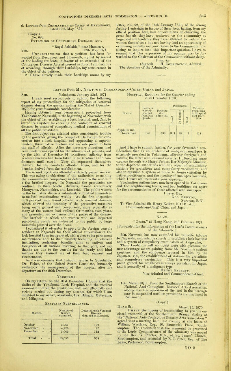 6. Letter from Commander-in-Chief at Devonport, dated ■I2th May 1871. (Copy.) No. 683. Extension of Contagious Diseases Act.  Royal Adelaide, near Hamoaze, Sir, 12th May 1871. Understanding that a petition has been for warded from Devonport and Plymoutli, signed by several of the leading residents, in favour of an extension of the Contagious Diseases Acts at present in force, I am desirous of recording, through their Lordships, my concurrence in the object of the petition. 2. I have already made their Lordships aware by my letter. No. 92, of the 16th January 1871, of the strong feeling I entertain in favour of these Acts, having, from my ofllcial position here, had opportunities of observing the great benelit they have conferred on the community at large, and the tendency they have afforded to reclaim the women themselves ; but not having had an opportunity of expressing verbally my convictions to the Commission now sitting to inquire into this important question, I have to request that this expression of my opinion may be for- warded to the Chairman of the Commission without delay. I am, &c. (Signed) H. Codrington, Admiral. The Secretary of the Admiralty. Let ter from Mr. Newton to CoMsiANDER-iN-CniEir, China and Japan. Sir, Yokohama, January 23rd, 1871- I BEG most respectively to submit the following report of my proceedings for the mitigation of venereal diseases during the quarter ending the 31st of December 1870, for your favourable consideration. Having obtained your permission I proceeded from Yokohama to Nagasaki, in the beginning of November, with the object of 1st, establishing a lock hospital, and, 2nd, to introduce a system for checking the contagion of venereal diseases by means of compulsory medical examinations of all the public prostitutes. The first object was attained after considerable trouble by the governor giving the Temple of Daitokugii for con- version into a lock hospital, and appointing a superin- tendent, three native doctors, and an interpreter to form the staff of officials. After the necessary alterations had been made it was opened for the admission of patients, and by the 25th of December 91 prostitutes suffering from venereal diseases had been taken in for treatment and con- finement until cured. They all expressed themselves thankful for the comforts afforded them, and for the benefits derived from the establishment. The second object was attended with only partial success. This was owing to objections of the authorities to making the examinations compulsory in deference to the wishes of a few brothel keepers. In Nagasaki the prostitutes are confimed to three brothel districts, named respectively Mornyama, Naminohira, and Lomachi. The public women in the two latter districts voluntarily submitted themseh'es to medical examinations weekly. At the first inspection 56'8 per cent, were found affected with venereal diseases, which showed the necessity of the preventive measures being made general and compulsory, more especially as many of the women had sufi^ered for months, even years, and presented sad evidences of the power of the disease. The brothels in which the women who are inspected periodically reside are indicated to the ])ublic by large numerals painted over the doors. I considered it advisable to apply tu the foreign consuls resident at Nagasaki for their official supervision of the lock hospital thus inaugurated, with a view to its permanent maintenance and to its ultimately becoming an efficient institution, conferring benefits alike to natives and foreigners of all nations resorting to that port, and my thanks are due to the consuls for the ready and kind manner they assured me of their best support and countenance. As it was necessary that I should return to Yokohama, Dr. Fishei', of the United States Consulate, humanely undertook the management of the hospital after my departure on the 26th December. Yokohama. On my return, on the 31st December, I found that the duties of the Yokohama Lock Hospital, and the medical examination of all the prostitutes, had been effectually and strictly carried out during my absence, for which I am indebted to my native, assistants, Drs. Hihachi, Matzyama, and Mihajima. Sanitary Surveillance. Number of Detected ■with Venereal Months. Women Diseases examined. detained in Hospital. October 5,061 129 November 4,926 97 December 5,069 112 Total - 15,056 338 Hospital Returns for the Quarter ending 31st December 1870. Disease. Patierits who re- mained from last Quarter. Patients since admitted. Dis •6 6 >eharg •a & o ed. P Patients remaining in Hospital 31st Deer. 1S70. Syphilis and GonorrhcBa 120 338 321 18 1 118 And I have to submit further, for your favourable con- sideration, that as an epidemic of malignant small-pox is e.vtremely prevalent in Yokohama, affecting foreigners and natives, the latter with unusual severity, I offered my spare services through Sir Harry Parkes, Her Majesty's Minister, to the Japanese authorities with the object of establishing stations for gratuitous and compulsory vaccination, and also to organise a system of house to house visitation by native practitioners, and the opening of small-pox hospitals, which I trust wll meet with your approval. Vaccination stations have now been opened in Yokohama and the neighbouring towns, and two buildings set apart for the accommodation of those affected with small-pox. I have, &c., Geo. Newton, Surgeon, R.N. To Vice-Admiral Sir Henry Kellett, K.C.B., &c., Commander-in-Chief, China and Japan. No. 38.  Ocean, at Hong Kong, 2nd February 1871. [Forwarded for the information of the Lords Commissioners of the Admiralty.] Mr. Newton has now extended his valuable labours to Nagasaki, and intends snortly to establish a lock hospital and a system of compulsory examination at Hiogo also. Their Lordships will no doubt note with pleasure the new advantage we are gaining from Mr. Newton's zealous exertions, and the confidence reposed in him by the Japanese, viz., the establishment of stations for gratuitous and compulsory vaccination. This is a very important point gained, for small-pox is always prevalent in Japan, and is generally of a malignant type. Henry Kellett, Vice-Admiral and Commander-in-Chief, 15th March 1870. From the Southampton Branch of the National Anti-Contagious Diseases Acts Association, asking that the operation of the Act in the borough may be suspended until its provisions are discussed in Parliament. (Copy.) Dear Sir, March 15, 1870. I HAVE the honour of transmitting to you the en- closed memorial of the Southampton Branch Society of the National Anti-Contagious Diseases Acts Association  agreed to rt a meeting held last evening at the house of William Westlake, Esq., 10, Brunswick Place, South- ampton. The resolution that the memorial be presented to the Lords Commissioners of the Admiralty was moved by the Rev. G. Proctor, M.A., of St. James' Church, Southampton, and seconded by E. T. Stace, Esq., of The Lawn, Portswood, Southampton. 5 0 2