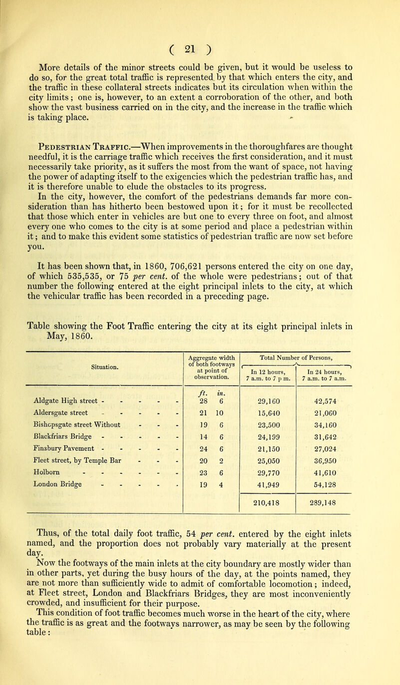 More details of the minor streets could be given, but it would be useless to do so, for the great total trafl&c is represented by that which enters the city, and the traffic in these collateral streets indicates but its circulation when within the city limits; one is, however, to an extent a corroboration of the other, and both show the vast business carried on in the city, and the increase in the traffic which is taking place. Pedestrian Traffic.—When improvements in the thoroughfares are thought needful, it is the carriage traffic which receives the first consideration, and it must necessarily take priority, as it sufiFers the most from the want of space, not having the power of adapting itself to the exigencies which the pedestrian traffic has, and it is therefore unable to elude the obstacles to its progress. In the city, however, the comfort of the pedestrians demands far more con- sideration than has hitherto been bestowed upon it; for it must be recollected that those which enter in vehicles are but one to every three on foot, and almost every one who comes to the city is at some period and place a pedestrian within it; and to make this evident some statistics of pedestrian traffic are now set before you. It has been shown that, in 1860, 706,621 persons entered the city on one day, of which 535,535, or 75 per cent, of the whole were pedestrians; out of that number the following entered at the eight principal inlets to the city, at which the vehicular traffic has been recorded in a preceding page. Table showing the Foot Traffic entering the city at its eight principal inlets in May, 1860. Situation. Aggregate width of both footways at point of observation. Total Number of Persons, f In 12 hours, 7 a.m. to 7 p m. ) In 24 hours, 7 a.m. to 7 a.m. Aldgate High street ----- ft- 28 in. 6 29,160 42,574 Aldersgate street - . - . - 21 10 15,640 21,060 Bishcpsgate street Without - - - 19 6 23,500 34,160 Blackfriars Bridge - - 14 6 24,199 31,642 Finsbury Pavement - - - - 24 6 21,150 27,024 Fleet street, by Temple Bar - . . 20 2 25,050 36,950 23 6 29,770 41,610 London Bridge 19 4 41,949 54,128 210,418 289,148 Thus, of the total daily foot traffic, 54 per cent, entered by the eight inlets named, and the proportion does not probably vary materially at the present day. Now the footways of the main inlets at the city boundary are mostly wider than in other parts, yet during the busy hours of the day, at the points named, they are not more than sufficiently wide to admit of comfortable locomotion; indeed, at Fleet street, London and Blackfriars Bridges, they are most inconveniently crowded, and insufficient for their purpose. This condition of foot traffic becomes much worse in the heart of the city, where the traffic is as great and the footways narrower, as may be seen by the following table:
