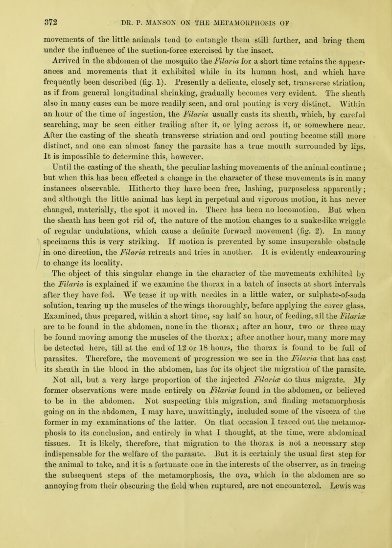 movements of the little animals tend to entangle them still further, and bring them under the influence of the suction-force exercised by the insect. Arrived in the abdomen of the mosquito the Filaria for a short time retains the appear- ances and movements that it exhibited while in its human host, and which have frequently been described (fig. 1). Presently a delicate, closely set, transverse striation, as if from general longitudinal shrinking, gradually becomes very evident. The sheath also in many cases can be more readily seen, and oral pouting is very distinct. Within, an hour of the time of ingestion, the Filaria usually casts its sheath, which, by careful searching, may be seen either trailing after it, or lying across it, or somewhere near. After the casting of the sheath transverse striation and oral pouting become still more distinct, and one can almost fancy the parasite has a true mouth surrounded by lips. It is impossible to determine this, however. Until the casting of the sheath, the peculiar lashing movements of the animal continue ; but when this has been effected a change in the character of these movements is in many instances observable. Hitherto they have been free, lashing, purposeless apparently; and although the little animal has kept in perpetual and vigorous motion, it has never changed, materially, the spot it moved in. There has been no locomotion. But when the sheath has been got rid of, the nature of the motion changes to a suake-like wriggle of regular undulations, which cause a definite forward movement (fig. 2). In many specimens this is very striking. If motion is prevented by some insuperable obstacle in one direction, the Filaria retreats and tries in another. It is evidently endeavouring to change its locality. The object of this singular change in the character of the movements exhibited by the Filaria is explained if we examine the thorax in a batch of insects at short intervals after they have fed. We tease it up with needles in a little water, or sulphate-of-soda solution, tearing up the muscles of the wings thoroughly, before applying the cover glass. Examined, thus prepared, within a short time, say half an hour, of feeding, all the Filarial are to be found in the abdomen, none in the thorax; after an hour, two or three may be found moving among the muscles of the thorax; after another hour, many more may be detected here, till at the end of 12 or 18 hours, the thorax is found to be full of parasites. Therefore, the movement of progression we see in the Filaria that has cast its sheath in the blood in the abdomen, has for its object the migration of the parasite. Not all, but a very large proportion of the injected Filaria do thus migrate. My former observations were made entirely on Filaria found in the abdomen, or believed to be in the abdomen. Not suspecting this migration, and finding metamorphosis going on in the abdomen, I may have, unwittingly, included some of the viscera of the former in my examinations of the latter. On that occasion I traced out the metamor- phosis to its conclusion, and entirely in what I thought, at the time, were abdominal tissues. It is likely, therefore, that migration to the thorax is not a necessary step indispensable for the welfare of the parasite. But it is certainly the usual first step for the animal to take, and it is a fortunate one in the interests of the observer, as in tracing the subsequent steps of the metamorphosis, the ova, which in the abdomen are so annoying from their obscuring the field when ruptured, are not encountered. Lewis was