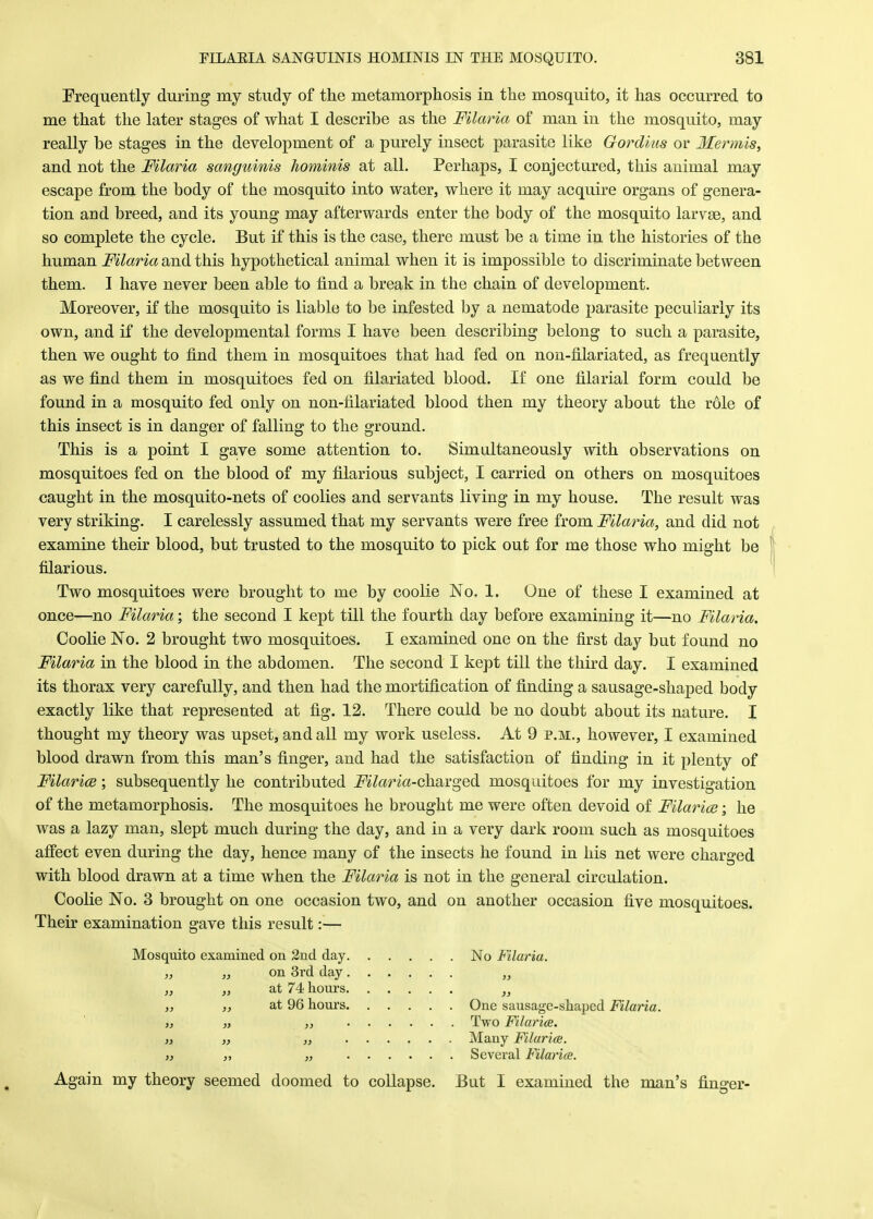 Frequently during my study of the metamorphosis in the mosquito, it has occurred to me that the later stages of what I describe as the Filaria of man in the mosquito, may really be stages in the development of a purely insect parasite like Gordias or Mermis, and not the Filaria sanguinis hominis at all. Perhaps, I conjectured, this animal may escape from the body of the mosquito into water, where it may acquire organs of genera- tion and breed, and its young may afterwards enter the body of the mosquito larvae, and so complete the cycle. But if this is the case, there must be a time in the histories of the human Filaria and this hypothetical animal when it is impossible to discriminate between them. I have never been able to find a break in the chain of development. Moreover, if the mosquito is liable to be infested by a nematode parasite peculiarly its own, and if the developmental forms I have been describing belong to such a parasite, then we ought to find them in mosquitoes that had fed on non-filariated, as frequently as we find them in mosquitoes fed on filariated blood. If one filarial form could be found in a mosquito fed only on non-filariated blood then my theory about the role of this insect is in danger of falling to the ground. This is a point I gave some attention to. Simultaneously with observations on mosquitoes fed on the blood of my filarious subject, I carried on others on mosquitoes caught in the mosquito-nets of coolies and servants living in my house. The result was very striking. I carelessly assumed that my servants were free from Filaria, and did not examine their blood, but trusted to the mosquito to pick out for me those who might be filarious. Two mosquitoes were brought to me by coolie No. 1. One of these I examined at once—no Filaria; the second I kept till the fourth day before examining it—no Filaria. Coolie No. 2 brought two mosquitoes. I examined one on the first day but found no Filaria in the blood in the abdomen. The second I kept till the third day. I examined its thorax very carefully, and then had the mortification of finding a sausage-shaped body exactly like that represented at fig. 12. There could be no doubt about its nature. I thought my theory was upset, and all my work useless. At 9 p.m., however, I examined blood drawn from this man's finger, and had the satisfaction of finding in it plenty of Filarice; subsequently he contributed Fila?Ha-ch.arged mosquitoes for my investigation of the metamorphosis. The mosquitoes he brought me were often devoid of Filarice; he was a lazy man, slept much during the day, and in a very dark room such as mosquitoes affect even during the day, hence many of the insects he found in his net were charged with blood drawn at a time when the Filaria is not in the general circulation. Coolie No. 3 brought on one occasion two, and on another occasion five mosquitoes. Their examination gave this result:— Mosquito examined on 2nd day No Filaria. ,, „ on 3rd day „ „ at 74 hours „ „ ,, at 96 hours One sausage-shaped Filaria. „ „ Two Filarice. }, „ „ Many Filarice. „ „ „ Several Filarice. Again my theory seemed doomed to collapse. But I examined the man's finder-