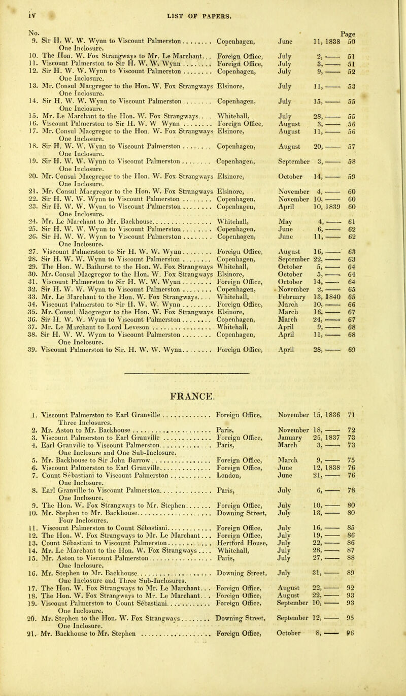 2, 3, 9, 11, 15, 28, 3, 11, No. 9. Sir H. W. W. Wynn to Viscount Palmerston Copenhagen, June One Inclosure. 10. The Hon. W. Fox Strangways to Mr. Le Marchant.. . Foreign Office, July 11. Viscount Palmerston to Sir H. W. W. Wynn Foreigrt Office, July 12. Sir H. W. W. Wynn to Viscount Palmerston Copenhagen, July One Inclosure. 13. Mr. Consul Alacgregor to the Hon. W. Fox Strangways Elsinore, July One Inclosure. 14. Sir H. W. W. Wynn to Viscount Palmerston Copenhagen, July One Inclosure. 15. Mr. Le Marchant to the Hon. W. Fox Strangways.. .. Whitehall, July 16. Viscount Palmerston to Sir H. W. W Wynn Foreign Office, August 17. Mr. Consul Macgregor to the Hon. W. Fox Strangways Elsinore, August One Inclosure. 18. Sir H. W. W. Wynn to Viscount Palmerston Copenhagen, August 20, One Inclosure. 19. Sir H. W. W. Wynn to Viscount Palmerston Copenhagen, September 3, One Inclosure. 20. Mr. Consul Macgregor to the Hon. W. Fox Strangways Elsinore, October 14, One Inclosure. 21. Mr. Consul Macgregor to the Hon. W. Fox Strangways Elsinore, 22. Sir H. W. W. Wynn to Viscount Palmerston Copenhagen, 23. Sir H. W. W. Wynn to Viscount Palmerston Copenhagen, One Inclosure. 24. Mr. Le Marchant to Mr. Backhouse Whitehall, May 4, 25. Sir H. W. W. Wynn to Viscount Palmerston Copenhagen, June 6, • 20. Sir H. W. W. Wynn to Viscount Palmerston Copenhagen, .Tune 11, ■ One Inclosure. 27. Viscount Palmerston to Sir H. W. W. Wynn Foreign Office, August 16, ■ 28. Sir H. W. W. Wynn to Viscount Palmerston Copenhagen, September 22, ■ 29. The Hon. W. Bathurst to the Hon. W. Fox Strangways Whitehall, October 5, • 30. Mr. Consul Macgregor to the Hon. W. Fox Strangways Elsinore, October 5, • 31. Viscount Palmerston to Sir H. W. W. Wynn Foreign Office, October 14,- 32. Sir H. W. W. Wynn to Viscount Palmerston Copenhagen, • November 2, ■ 33. Mr. Le 3Tarchant to the Hon. W. Fox Strangways.. . . Whitehall, 34. Viscount Palmerston to Sir H. W. W. Wynn Foreign Office, March 35. Mr. Consul Macgregor to the Hon. W. Fox Strangways Elsinore, March 36. Sir H. W. W. Wynn to Viscount Palmerston Copenhagen, March 37. Mr. Le Marchant to Lord Leveson Whitehall, April 38. Sir H. W. W. Wynn to Viscount Palmerston Copenhagen, April One Inclosure. 39. Viscount Palmerston to Sir. H. W. W. Wynn........ Foreign Office, April Page 11, 1838 50 10, 16, 24, 9, 11, 28, 51 51 52 53 55 55 56 56 57 58 59 November 4, 60 November 10, 60 April 10, 1839 60 61 62 62 63 63 64 64 64 65 February 13, 1840 65 66 67 67 68 68 69 FRANCE. 1. . Foreign Office, November 15, 1836 71 Three Inclosures. 2. 3, . Paris, November 18, 72 . Foreign Office, January 26, 1837 73 4. One Inclosure and One Sub-Inclosure. . Paris, March 3, 73 5. . Foreign Office, March 9, 75 6. . Foreign Office, June 12, 1838 76 7. One Inclosure. . London, June 21, 76 8. . Paris, July 6, 78 One Inclosure. 9. The Hon. W. Fox Strangways to Mr. Stephen Foreign Office, Julv 10, 80 10. Four Inclosures. . Downing Street, July 13, 80 11. . Foreign Office, July 16, 85 12. The Hon. W. Fox Strangways to Mr. Le Marchant.. . Foreign Office, July 19, 86 13. . Hertford House, July 22, 86 14. Mr. Le Marchant to the Hon. W. Fox Strangways ... . Whitehall, July 28, 87 15. . Paris, July 27, 88 One Inclosure. 16. . Downing Street, July 31, 89 One Inclosure and Three Sub-Inclosures. 17. The Hon. W. Fox Strangways to Mr. Le Marchant.. . Foreign Office, August 22, 92 18. The Hon. W. Fox Strangways to Mr. Le Marchant. . . Foreign Office, August 22, 93 , Foreign Office, September 10, 93 One Inclosure. 20. One Inclosure. Downing Street, September 12, 95