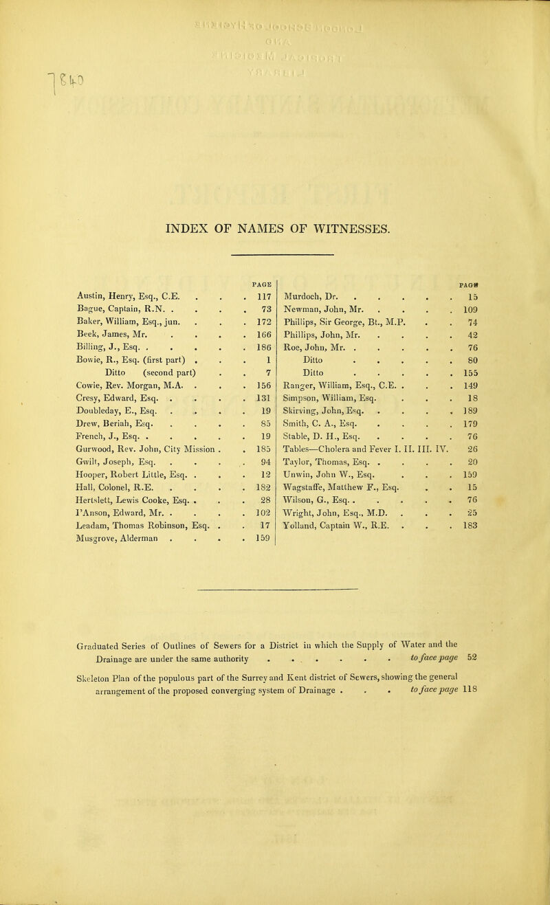 INDEX OF NAMES OF WITNESSES. PAGE FA09 Austin, Henry, Esq., C.E. . 117 Murdoch, Dr. • . . . . 15 Bao-ue, Captain, R.N. . . 73 Newman, John, Mr. . . . . 109 Baker, William, Esq., jun. . 172 Phillips, Sir George, Bt., M.P. 74 Beek, James, Mr. . 166 Phillips, John, Mr 42 6111105, J., Esq . 186 Roe, John, Mr. . . . . . 76 Bowie, R., Esq. (first part) , 1 Ditto 80 Ditto (second part) 7 Ditto 155 Cowie, Rev. Morgan, M.A. . 156 Ranger, William, Esq., C.E. . 149 Cresy, Edward, Esq. . 131 Simpson, William, Esq. 18 Doiibleday, E., Esq. . . . 19 Skirving, John, Esq. . . . , 189 Drew, Beriah, Esq. 85 Smith, C. A., Esq. . . . . 179 French, J., Esq. .... 19 Stable, D. H., Esq 76 Garwood, Rev. John, City Mission . . 185 Tables—Cholera and Fever L IL IIL IV. 26 Gvvilt, Joseph, Esq. 94 Taylor, Thomas, Esq 20 Hooper, Robert Little, Esq. . 12 Unwin, John W., Esq. 159 Hall, Colonel, R.E. , 182 WagstafFe, Matthew F., Esq. 15 Hertslett, Lewis Cooke, Esq. . . 28 Wilson, G., Esq. . . . . . 76 I'Anson, Edward, Mr. . . 102 Wright, John, Esq., M.D. 25 Leadam, Thomas Robinson, Esq. . 17 Yolland, Captain W., R.E. . 183 Musgrove, Alderman . 159 Graduated Series of Outlines of Sewers for a District in which the Supply of Water and the Drainage are under the same authority . ... . . . to face page 52 Skeleton Plan of the populous part of the Surrey and Kent district of Sewers, showing the general arrangement of the proposed converging system of Drainage . . . to face page \\S