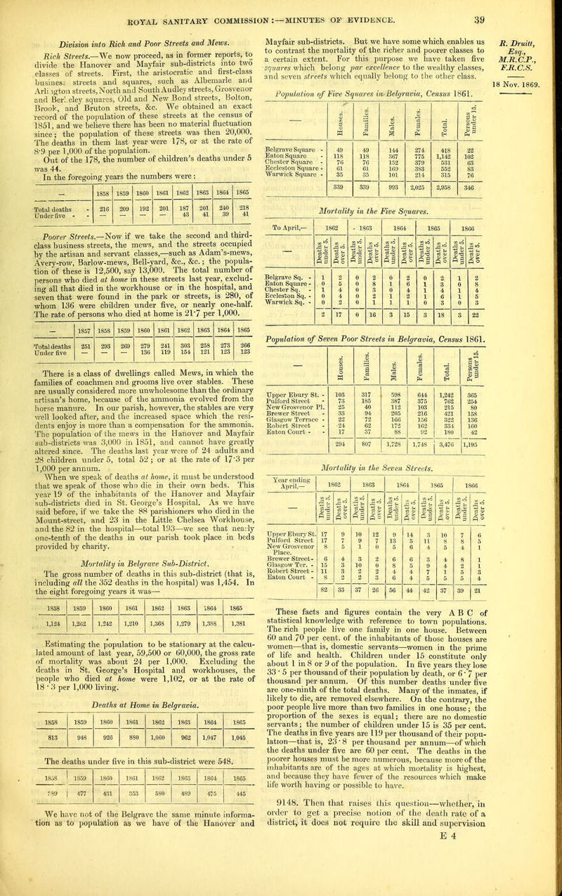 Division into Rich and Poor Streets and Mews. Rich Streets—'We now proceed, as in former reports, to divide the Hanover and Mayfair sub-districts into two classes of streets. First, the aristocratic and first-class lnisines3 streets and squares, such as Albemarle and Aril igton streets, North and South Audley streets, Grosvenor and BerI.eley squares. Old and New Bond streets, Bolton, Brook, and Bruton streets, &c. We obtained an exact record of the population of these streets at the census of 1851, and we beheve there has been no material fluctuation since; the population of these streets was then 20,000. The deaths in them last year were 178, or at the rate of 8-9 per 1,000 of the population. Out of the 178, the number of children's deaths under 5 was 44. 1858 1859 1860 1861 1862 1863 1864 1865 Total deaths Under Sve - 216 209 192 201 187 43 201 41 240 39 218 41 Poorer S^reeis.—Now if we take the second and third- class business streets, the mews, and the streets occupied by the artisan and servant classes,—such as Adam.'s-mews, Avery-row, Barlow-mews, Bell-yard, &c., &c.; the popula- tion of these is 12,500, say 13,000. The total number of persons who died at home in these streets last year, exclud- ing all that died in the workhouse or in the hospital, and seven that were found in the park or streets, is 280, of whom 136 were children under five, or nearly one-half. The rate of persons who died at home is 21-7 per 1,000. 1857 1858 1859 1860 1861 1862 1863 1864 1865 Total deaths Under five 251 293 269 279 136 241 il9 303 154 258 121 273 123 266 123 There is a class of dwellings called Mews, in which the families of coachmen and grooms live over stables. These are usually considered more unwholesome than the ordinary artisan's home, because of the ammonia evolved from the horse manure. In our parish, however, the stables are very well looked after, and the increased space which the resi- dents enjoy is more than a compensation for the ammonia. The population of the mews in the Hanover and Mayfair sub-districts was 3,000 in 1851, and cannot have greatly altered since. The deaths last year were of 24 adults and 28 children under 5, total 52; or at the rate of 17'3 per 1,000 per annum. When we speak of deaths at home, it must be understood that we speak of those who die in their own beds. This year 19 of the inhabitants of the Hanover and Mayfair sub-districts died in St. George's Hospital. As we have said before, if we take the 88 parishioners who died in the Mount-street, and 23 in the Little Chelsea Workhouse, and the 82 in the hospital—total 193—we see that nearly one-tenth of the deaths in our parish took place in beds provided by charity. Mortality in Belcjrave Sub-District. I'he gross number of deaths in this sub-district (that is, including all the 352 deaths in the hospital) was 1,454. In the eight foregoing years it was— 1858 1859 1860 1861 1862 1863 1864 1865 1,124 1,262 1,242 1,210 1,368 1,279 1,388 1,381 Estimating the population to be stationary at the calcu- lated amount of last year, 59,500 or 60,000, the gross rate of mortality was about 24 per 1,000. Excluding the deaths in St. George's Hospital and workhouses, the people who died at home were 1,102, or at the rate of 18 • 3 per 1,000 living. Deaths at Home in Belgravia. 1858 1859 1860 1861 1862 1863 1864 1865 813 948 926 880 1,060 962 1,047 1,045 The deaths under five in this sub-district were 548. 18.)8 1359 477 1860 1861 1862 1863 1864 1865 rs9 431 353 580 489 475 445 We have not of the Belgrave the same minute informa- tion as to population as we have of the Hanover and Mayfair sub-districts. But we have some which enables us to contrast the mortality of the richer and poorer classes to a certain extent. For this purpose we have taken five squares which belong 'par excellence to the wealthy classes, and seven streets which equally belong to the other class. Population of Five Squares in-Belgravia, Census 1861. JR. Druitt, Esq., M.R.C.P., F.R.C.S. 18 Nov. 1869. Belgrave Square - Eaton Square Chester bquare - Eccleston Square - Warwick Square - 118 76 01 35 339 49 118 76 61 35 339 144 367 152 169 101 993 274 775 379 383 214 2,025 1,142 531 552 315 2,958 22 102 63 83 76 346 Mortality in the Five Squares. To April,— 1862 P s fi o Belgrave Sq. - Eaton Square - Chester Sq. Eccleston Sq. - Warwick Sq. - 17 - 1863 P S 16 1864 C3 o p ° 1865 15 18 1866 PS C3 P o 22 Population of Seven Poor Streets in Belgravia, Census 1861. a Is O H i Tot fl^ Upper Ebury St. - 103 317 598 644 1,242 365 Pulford Street 73 185 387 375 762 254 New Grosvenor PI. 25 40 112 103 215 80 Brewer Street 33 94 205 216 421 1.58 Glasgow Terrace - 22 72 166 156 322 136 Robert Street ■24 62 172 162 334 160 Eaton Court - 17 37 88 92 180 42 294 807 1,728 1,748 3,476 1,195 Mortality in the Seven Streets. Year ending April,— 1862 1803 1864 1865 1866 eaths der 5. 'aths ■er 5. eaths der 5. ci ^ eaths der 5. ci QJ i| aths er 5. P § P ° P § o > P ° P 3 (D > P ° o > P o p g CD > P o Upper Ebury St. 17 9 10 12 9 14 3 10 7 6 Pulford Street 17 7 9 7 13 5 11 8 8 5 New Grosvenor 8 5 1 0 5 6 4 5 4 1 Place. Brewer Street - 6 4 3 2 6 0 3 4 8 1 Glasgow Ter. - 15 3 10 0 8 5 9 4 2 1 Robert Street - 11 3 2 2 4 4 7 1 5 3 Eaton Court - 8 2 2 3 6 4 5 5 4 82 33 37 26 56 44 42 37 39 21 These facts and figures contain the very ABC of statistical knowledge with reference to town populations. The rich people live one family in one house. Between 60 and 70 per cent, of the inhabitants of those houses are women—that is, domestic servants—women in the prime of life and health. Children under 15 constitute only about 1 in 8 or 9 of the population. In five years they lose 33 • 5 per thousand of their population by death, or 6 ' 7 per thousand per annum. Of this number deaths under five are one-ninth of the total deaths. Many of the inmates, if likely to die, are removed elsewhere. On the contrary, the poor people live more than two families in one house; the proportion of the sexes is equal; there are no domestic servants; the number of children under 15 is 35 per cent. The deaths in five years are 119 per thousand of their popu- lation—that is, 23 • 8 per thousand per annum—of which the deaths under five are 60 per cent. The deaths in the poorer houses must be more numerous, because m.ore of the inhabitants are of the ages at which mortahty is highest, and because they have fewer of the resources which make life worth having or possible to have. 9148. Then that raises tliis question—whether, in order to get a precise notion of the death rate of a district, it does not require the skill and supervision E 4