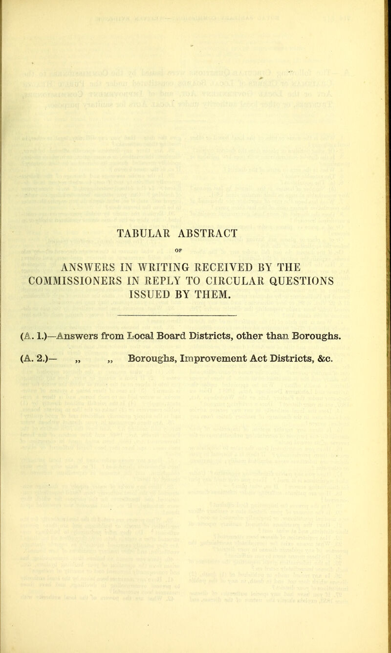 TABULAR ABSTRACT OF ANSWERS IN WRITING RECEIVED BY THE COMMISSIONERS IN REPLY TO CIRCULAR QUESTIONS ISSUED BY THEM. (A. 1.)—Answers from Local Board Districts, other than Boroughs. (A. 2.)— „ „ Boroughs, Improvement Act Districts, &c.