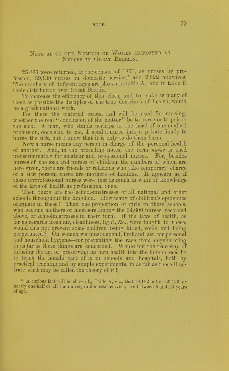 NOTE. 7a Note as to the JS'ui^rBEE of Womek EMrLOTET) as ISTtthses in Gtreat Bkitain. 25,466 -svere returned, at the census of 1851, as nurses by pro- fession, 39,139 nurses in domestic service,* and 2,822 midwives. The numbers of different ages are shown in table A, and in table B their distribution over Grreat Britain. To increase the efBciency of this class, and to make as many of ihem as possible the disciples of the true doctrines of health, would be a great national work. For there the material exists, and will be used for nursing, wliether the real  conclusion of the matter be to nurse or to poison the sick. A man, who stands perhaps at the head of our medical profession, once said to me, I send a nurse into a private family to nurse the sick, but I know that it is only to do them harm. Now a nurse means any person in charge of the personal health of another. And, in the preceding notes, the term 7iurse is used indiscriminately for amateur and professional nurses. Eor, besides nurses of the sick and nurses of children, the numbers of whom are here given, there are friends or relations who take temporary charge of a sick person, there are mothers of families. It appears as if these unprofessional nurses were just as much in want of knowledge of the laws of health as professional ones. Then there are irho school-mistresses of all national and other schools throughout the kingdom. How many of children's epidemics originate in these! Then the proportion of girls in these schools, who become mothers or members among the 64,600 nurses recorded above, or schoolmistresses in their turn. If the laws of health, aa far as regards fresh air, cleanliness, light, &c., were taught to these, would this not prevent some children being killed, some evil being perpetuated ? On women we must depend, first and last, for personal and household hygiene—for preventing the race from degenerating in as far as these things are concerned. Would not the true way of infusing the art of preserving its own health into the human race be to teach the female part of it in schools and hospitals, both by practical teaching and by simple experiments, in as far as these illus- trate what may be called the theory of it ? * A curious fact will be shown by Table A, viz., that 18,122 out of 89,139, or nearly one-half of all the nurses, in domestic service, arc between 5 and 20 years of age.