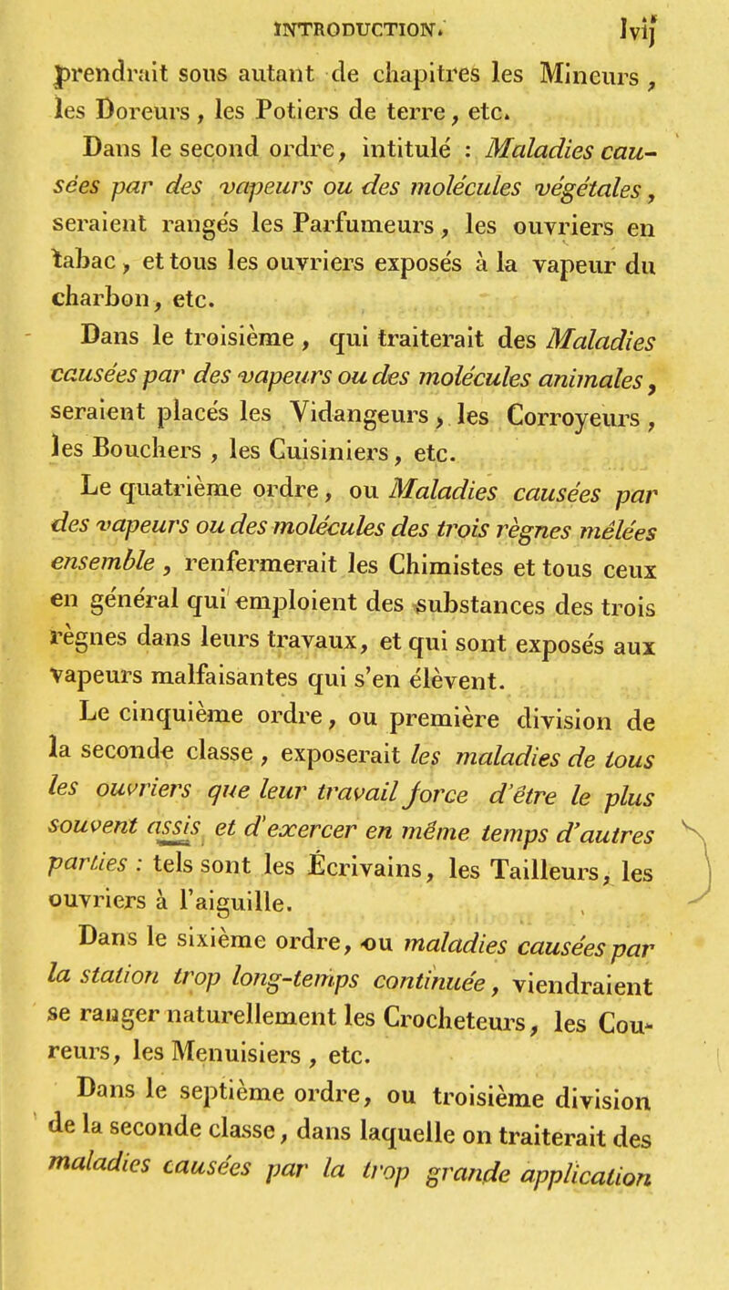 prendrait sous autant de chapitres les Mineurs , les Doreurs, les Potiers de terre, etc. Dans le second ordre, intitulé : Maladies cau- sées par des vapeurs ou des molécules végétales, seraient rangés les Parfumeurs, les ouvriers en tabac , et tous les ouvriers exposés à la vapeur du charbon, etc. Dans le troisième , qui traiterait des Maladies causées par des vapeurs ou des molécules animales , seraient placés les Vidangeurs, les Corroyeurs , les Bouchers , les Cuisiniers, etc. Le quatrième ordre, ou Maladies causées par des vapeurs ou des molécules des trois règnes mêlées ensemble , renfermerait les Chimistes et tous ceux en général qui emploient des substances des trois règnes dans leurs travaux, et qui sont exposés aux vapeurs malfaisantes qui s'en élèvent. Le cinquième ordre, ou première division de la seconde classe , exposerait les maladies de tous les ouvriers que leur travail jorce d'être le plus souvent assis et d'exercer en même temps d'autres parties : tels sont les Écrivains, les Tailleurs, les ouvriers à l'aiguille. Dans le sixième ordre, ou maladies causées par la station trop long-temps continuée, viendraient se ranger naturellement les Crocheteurs, les Cou- reurs, les Menuisiers, etc. Dans le septième ordre, ou troisième division de la seconde classe, dans laquelle on traiterait des maladies causées par la trop grande application