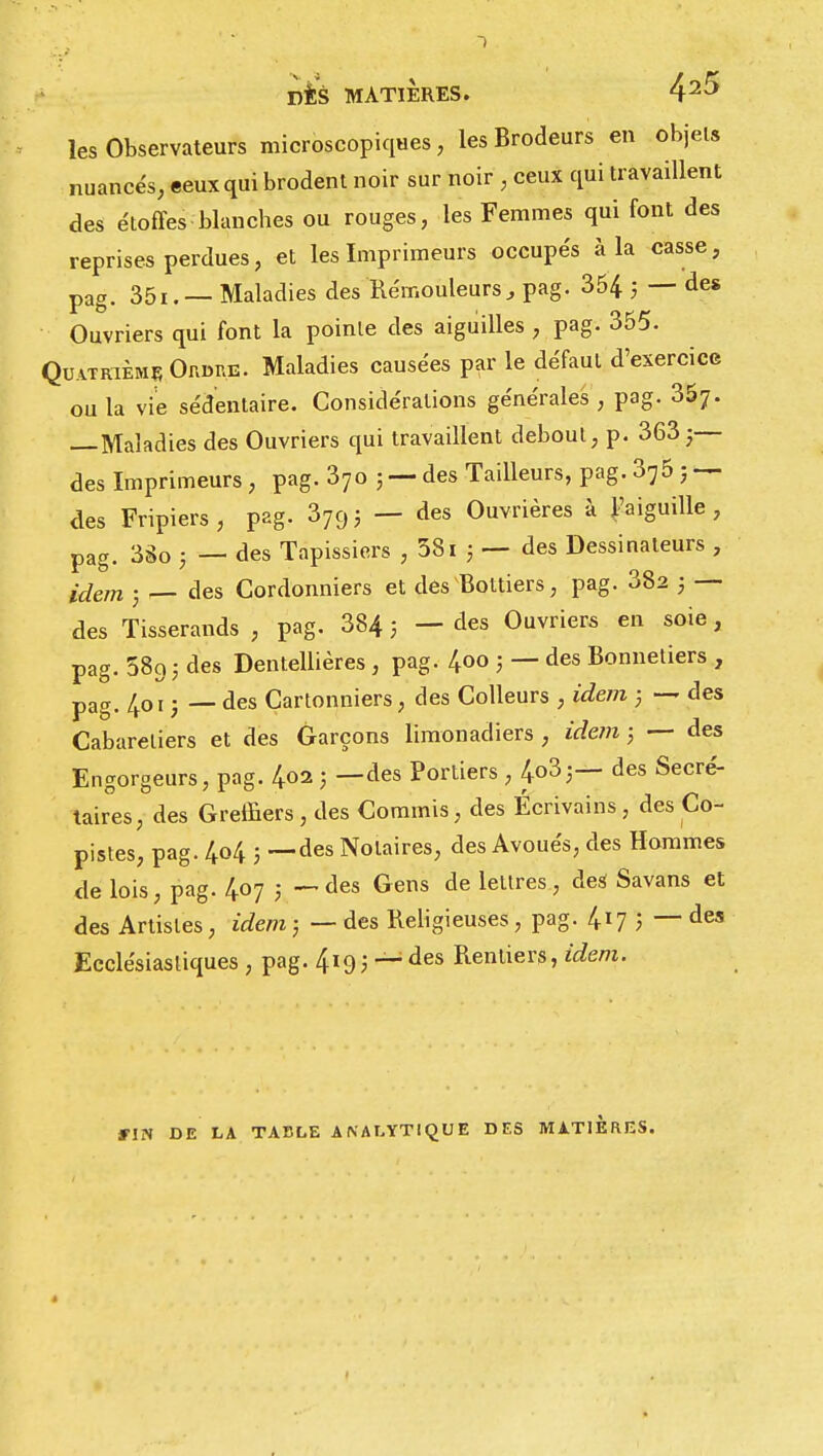 les Observateurs microscopiques, les Brodeurs en objets nuancés, «eux qui brodent noir sur noir , ceux qui travaillent des étoffes blanches ou rouges, les Femmes qui font des reprises perdues, et les Imprimeurs occupés à la casse, pag. 35i.— Maladies des 'Rémouleurs, pag. 354 5 — des Ouvriers qui font la pointe des aiguilles , pag. 355. uatrième Ordre. Maladies causées par le défaut d'exercice ou la vie sédentaire. Considérations générales , pag. 35j. —Maladies des Ouvriers qui travaillent debout, p. 3635— des Imprimeurs , pag. 3yo ; — des Tailleurs, pag. 375 ; — des Fripiers, pag. 379; — des Ouvrières à l'aiguille, pag. 3gQ . _ des Tapissiers , 381 5 — des Dessinateurs , idem ; — des Cordonniers et des Bottiers, pag. 382 5 — des Tisserands , pag. 384 5 — des Ouvriers en soie, pag. 589j des Dentellières , pag. 4oo j — des Bonnetiers , pag. 4oi ; — des Çartonniers, des Colleurs , idem ; — des Cabareliers et des Garçons limonadiers , idem ; — des Engorgeurs, pag. 4<>2 —des Portiers , 4°3J— des Secré- taires, des Greffiers , des Commis, des Écrivains , des Co- pistes, pag. 4o4 ; —des Notaires, des Avoués, des Hommes de lois, pag. 407 ; — des Gens de lettres, de* Savans et des Artistes, idem ; — des Religieuses , pag. 417 ; — des Ecclésiastiques , pag. 419j — des Rentiers, idem. FIN DE LA TABLE ANALYTIQUE DES MATIERES.