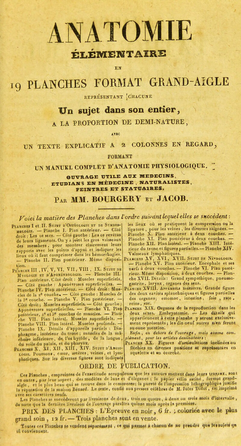 ANATOMIE ÉLÉMEMTAÏRl! EN 9 PLANCHES FORMAT GRAND-AIGLE REPRÉSENTANT [CHACUNE Un sujet dans son entier, A LA PROPORTION DE DEMI-NATURE, J.T1C UN TEXTE EXPLICATIF A 2 COLONNES EN REGARD, FOBMANT UN MANUEL COMPLET D'ANATOMIE PHYSIOLOGIQUE.  OUVRAGE UTILE AUX MEDECINS, ETUDIAI»S EN MÉDECINE , NATURALISTES, PEINTRES ET STATUAIRES. Par MM. BOURGERY et JACOB. Voici la matière des Planches dans l PllSCBES I et II. Sujst d'Ostéolocie et de Sîmdes- aoLoeiE. — Planche I. Plan antérieur. — C6tè droit : Les os secs. — Côté gauche : Les os revêtus de leur» ligaments. On y a joint les gros vaisseaux de» membres, pour montrer clairement leur» rapports avec les points d'appui et indiquer les lieux où il faut comprimer dan» les hémorrhagies. Planche II. Plan postérieur. Même disposi- PlWhe III ,1V, V, VI, VIIr VIII , IX. Sujet i»e Mïologie et d'Atosévrologik. — Planche III. Plan antérieur. Côté droit : Muscles superficiels. — Côté gauche : Aponévroses superficielles. — Planche IV. Plan antérieur. — Coté droit: Mus- cles de la 5e couche. — Côté gauche : Muscles de la 5e couche. — Planche V. Plan postérieur. — Côté droit; Muscle» superficiels.— Côté gauche : Aponévroses superficielles. — Planche VI. Plan postérieur, 2e et 3e couches de muscles. — Plan- che VII. Plan latéral. Muselés superficiels. — Planche VIII. Plan latéral. Muscles profonds. — Planche IX. Détails d'appareils partiels : Dia phragme, intérieur du tronc; mnscles de la mâ choirc inférieure, de l'os hyoïde, de la langue du voile du palais, et du pharynx. PtiUCHM X, XI, XII, XIII, XIV. Sujet d'Ahoio- locie. Poumons, cœur, artères, veines, et lym- phatiques. Sur les diverses figures sont indiqués ORDRE DE PUBLICATION. Ce» Planches , empreintes de l'exactitude scrupuleuse que les auteurs mclleni dans leur» travaux, «ont en outre, par leur aspect , des modèle» de luxe et d'élégance; le papier vélin saliné , format grand- aigle , et le plus beau qui se trouve dans le commerce; la pureté de l'impression lithographique justifie la réputation de la maison Bénard. Le lexle, confié aux presses célébras de M. Jules Di'dol, càt imprimé avec «es caractères neufs. . . Les Planches se succéderont par livraison» de deux, trois ou quatre, ù deux uu trou mois d intervalle , da sorte que la dernière livraison de l'ouvrage paraîtra quinte mois après la première. PRIX DES PLANCHES : L'Épreuve en noir, 6 fr. ; coLoric'e avec le plus grand soin , i a fr. — Trois planches sont en vente. Toutes ces Planche! je vendent séparément , ee qui pennui à chacun de ne prendra qua Ici sujets on ut conviennent. ordre suivant lequel elles se succèdent : les lieux où se pratiquent la compression ou la ligature , pour les veines , les diverses saignées.— Planche X. Plan antérieur à deux couches. — Planche XI. Plan postérieur à deux couches. — Planche XII. Plan latéral. — Planche XIII. Inté- rieur du tronc et figures partielles.— Planche XIV. Vaisseaux lymphatiques. Plahches XV, XVI, XVII. Sujet de Névbologie. —' Planche XV. Plan antérieur. Encéphale et ses nerfs à deux couches. — Planche VI. Plan posté- rieur. Même disposition, à deux couches. — Plan- che XVII. Détails : Grand sympathique, pneumo- gastrite. larynx , organes de» sens. Plshche XVIII. App*>eils DiGïsTiTs. Grande figure des deux eavités splanchniques et figures partielles des organes; estomac, intestins, foie , rate, rein», etc. Pla-hche XIX. Organes de la reproduction dans les deux sexes, gmbryotomic. — Les détails qui appartiennent à cette planahe y seront exclusive- ment représentés ; les dix-neuf autres n'en feront au eu ne mention. Enfin, en dclwrt lie l'ouvrage, mais tomme com. plantent, pour le» artitlet deisinaleurs : PLtKcna XX. Figures d'articulations inclinées ou fléchies en diverses positions et représentées en squelette et an écorché.