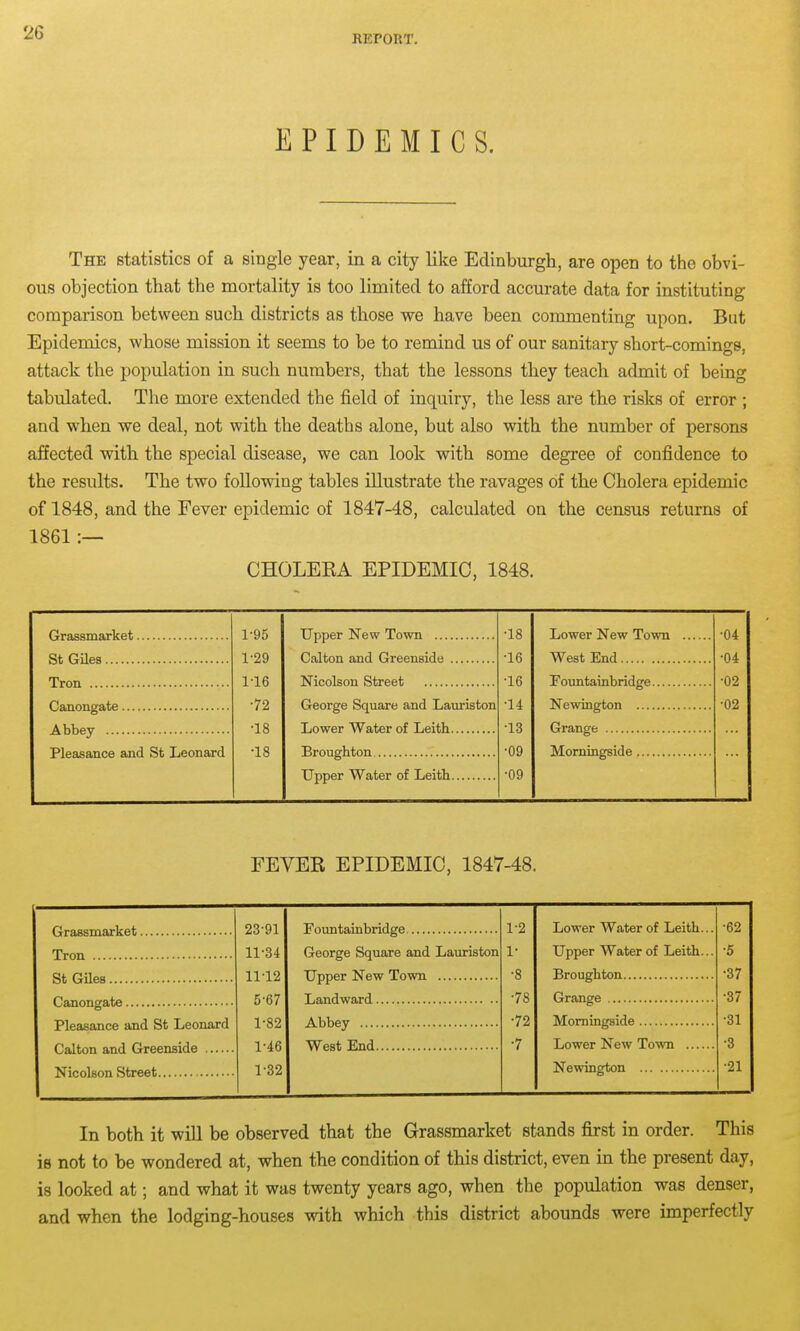 REPORT. EPIDEMICS. The statistics of a single year, in a city like Edinburgh, are open to the obvi- ous objection that the mortality is too limited to afford accm-ate data for instituting comparison between such districts as those we have been commenting upon. But Epidemics, whose mission it seems to be to remind us of our sanitary short-comings, attack the population in such numbers, that the lessons they teach admit of being tabulated. The more extended the field of inquiry, the less are the risks of error ; and when we deal, not with the deaths alone, but also with the number of persons affected with the special disease, we can look with some degree of confidence to the results. The two following tables illustrate the ravages of the Cholera epidemic of 1848, and the Fever epidemic of 1847-48, calculated on the census returns of 1861 :— CHOLEEA EPIDEMIC, 1848. Grassmarket St Giles Tron Canongate Abbey Pleasance and St Leonard 1-95 1-29 1-16 •72 •18 •18 Upper New Town Calton and Greenside Nicolson Street George Square and Lauriston Lower Water of Leith Broughton Upper Water of Leith •18 •16 •16 •14 •13 •09 •09 Lower New Town West End Fountainbridge.... Newington Grange Morningside •04 •04 •02 •02 FEVER EPIDEMIC, 1847-48. 1^2 Lower Water of Leith... •62 1- Upper Water of Leith... •5 •8 •37 •78 •37 •72 Morningside •31 •7 •3 Newington •21 Grassmarket Tron St Giles Canongate Pleasance and St Leonard Calton and Greenside Nicolson Street 23^91 11^34 11^12 5-67 1^82 1^46 1^32 Fountainbridge George Square and Lauriston Upper New Town Landward Abbey West End In both it will be observed that the Grassmarket stands first in order. This is not to be wondered at, when the condition of this district, even in the present day, is looked at; and what it was twenty years ago, when the population was denser, and when the lodging-houses with which this district abounds were imperfectly