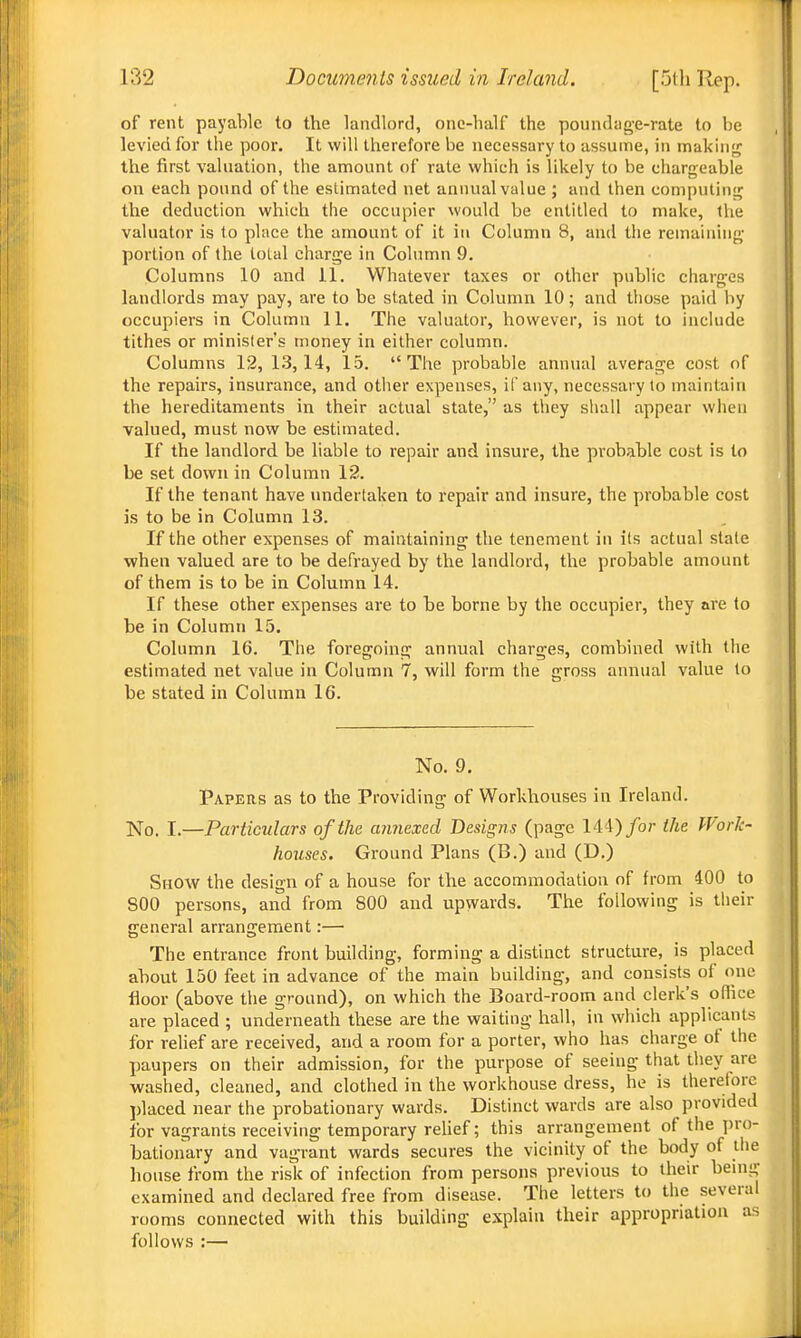 of rent payable lo the landlord, one-half the poundage-rate to be levied for the poor. It will therefore be necessary to assume, in makinj^ the first valuation, the amount of rate which is likely to be chargeable on each pound of the estimated net annual value ; and then computing the deduction which the occupier would be entitled to make, the valuator is to place the amount of it in Column 8, and the remaining portion of the total charge in Column 9. Columns 10 and 11. Whatever taxes or other public charges landlords may pay, are to be stated in Column 10; and those paid by occupiers in Column 11. The valuator, however, is not to include tithes or minister's money in either column. Columns 12, 13,14, 15. The probable annual average cost of the repairs, insurance, and other expenses, if any, necessary lo maintain the hereditaments in their actual state, as they shall appear when valued, must now be estimated. If the landlord be liable to repair and insure, the probable cost is to be set down in Column 12. If the tenant have undertaken to repair and insure, the probable cost is to be in Column 13. If the other expenses of maintaining the tenement in its actual stale when valued are to be defrayed by the landlord, the probable amount of them is to be in Column 14. If these other expenses are to be borne by the occupier, they are to be in Column 15. Column 16. The foregoing annual charges, combined with the estimated net value in Column 7, will form the gross annual value to be stated in Column 16. No. 9. Papers as to the Providing of Workhouses in Ireland. No. I.—Particulars of the. annexed Designs (page 144) for the Work- houses. Ground Plans (B.) and (D.) Show the design of a house for the accommodation of from 400 to 800 persons, and from 800 and upwards. The following is their general arrangement:— The entrance front building, forming a distinct structure, is placed about 150 feet in advance of the main building, and consists of one floor (above the ground), on which the Board-room and clerk's oflice are placed ; underneath these are the waiting hall, in which applicants for relief are received, and a room for a porter, who has charge of the paupers on their admission, for the purpose of seeing that they are washed, cleaned, and clothed in the workhouse dress, he is therefore placed near the probationary wards. Distinct wards are also provided for vagrants receiving temporary reUef; this arrangement of the pro- bationary and vagrant wards secures the vicinity of the body of the house from the risk of infection from persons previous to their being examined and declared free from disease. The letters to the several rooms connected with this building explain their appropriation as follows :—