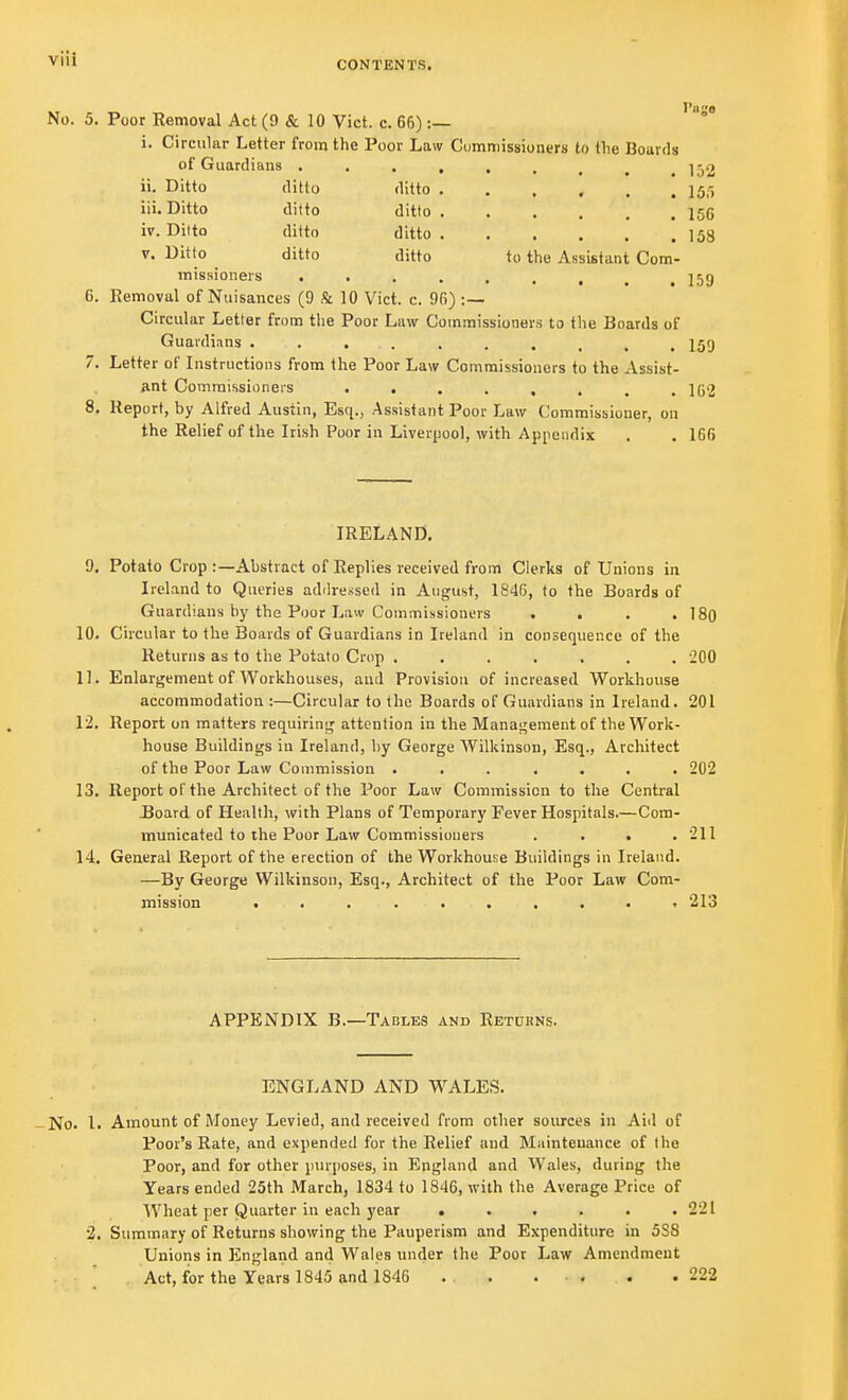 CONTENTS. I'll 0 No. 5. Poor Removal Act (9 & 10 Vict. c. 66) :— i. Circular Letter from the Poor Law Commissioners to tlie Boards of Guardians ....... . 152 . . » . . 155 156 158 ii. Ditto ditto ditto . iii. Ditto ditto ditto . iv. Ditto ditto ditto . v. Ditto ditto ditto missioners to the Assistant Com- 159 6. Removal of Nuisances (9 & 10 Vict. c. 96) : — Circular Letter from the Poor Law Commissioners to the Boards of Guardians . . ... . . . . , , 159 7. Letter of Instructions from the Poor Law Commissioners to the xVssist- ant Commissioners ••..»... 162 8. Report, by Alfred Austin, Esq., Assistant Poor Law Commissioner, on the Relief of the Irish Poor in Liverpool, with Appendix . . 166 IRELAND. 9. Potato Crop .-—Abstract of Replies received from Cierks of Unions in Ireland to Queries addressed in August, 1846, to the Boards of Guardians by the Poor Law Commissioners . . . . 180 10. Circular to the Boards of Guardians in Ireland in consequence of the Returns as to the Potato Crop ....... 200 11. Enlargement of Workhouses, and Provision of increased Workhouse accommodation :—Circular to the Boards of Guardians in Ireland. 201 12. Report on matters requiring attention in the Management of the Work- house Buildings in Ireland, by George Wilkinson, Esq., Architect of the Poor Law Commission ....... 202 13. Report of the Architect of the Poor Law Commission to the Central Board of Health, with Plans of Temporary Fever Hospitals.—Com- municated to the Poor Law Commissioners . . . .211 14. General Report of the erection of the Workhouse Buildings in Ireland. —By George Wilkinson, Esq., Architect of the Poor Law Com- APPENDIX B.—Tables and Returns. ENGLAND AND WALES. No. I. Amount of Money Levied, and received from other sources in Aid of Poor's Rate, and expended for the Relief and Maintenance of the Poor, and for other purposes, in England and Wales, during the Years ended 25th March, 1834 to 1846, with the Average Price of Wheat per Quarter in each year . . . . . .221 2. Summary of Returns showing the Pauperism and Expenditure in 5SS Unions in England and Wales under the Poor Law Amendment Act, for the Years 1845 and 1846 . . . . . . 222