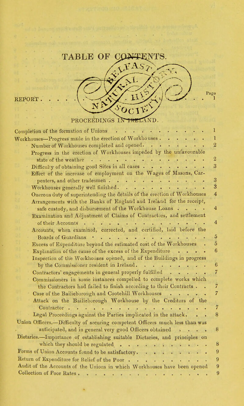 TABLE OF COJ«yENTS. REPORT V -^^—^^SNr • i-^ VVl V '^---^ • • ^ PROCEEIDINGS I^ IftBT^^^D. Completion of the formation of Unions 1 Workhouses—Progress made in the erection of Workhouses 1 Number of Workhouses completed and opened 2 Progress in the erection of Workhouses impeded by the unfavourable state of the weather 2 Difficulty of obtaining good Sites in all cases 3 Effect of the increase of employment on the Wages of Masons, Car- penters, and other tradesmen 3 Workhouses generally well finished 3 Onerous duty of superintending the details of the erection of Workhouses 4 Arrangements with the Banks of England and Ireland for the receipt, safe custody, and disbursement of the Workhouse Loans .... 4 Examination and Adjustment of Claims of Contractors, and settlement of their Accounts 4 Accounts, when examined, corrected, and certified, laid before the Boards of Guardians •.. 3 Excess of Expenditure beyond the estimated cost of the Workhouses . 5 Explanation of the cause of the excess of the Expenditure . . . • 6 Inspection of the Workhouses opened, and of the Buildings in progress by the Commissioner resident in Ireland 6 Contractors' engagements in general properly fulfilled 7 Commissioners in some instances compelled to complete v/orks which the Contractors had failed to finish according to their Contracts . . 7 Case of the Bailieborough and Cootehill Workhouses 7 Attack on the Bailieborough Workhouse by the Creditors of the Contractor 7 Legal Proceedings against the Parties implicated in the attack. . . 8 Union Officers.—Difficulty of securing competent Officers much less than was anticipated, and in general very good Officers obtained .... 8 Dietaries.—Importance of establishing suitable Dietaries, and principles on which they should be regulated 8 Forms of Union Accounts found to be satisfactory 9 Return of Expenditure for Relief of the Poor 9 Audit of the Accounts of the Unions in which Workhouses have been opened 9 Collection of Poor Rates 9