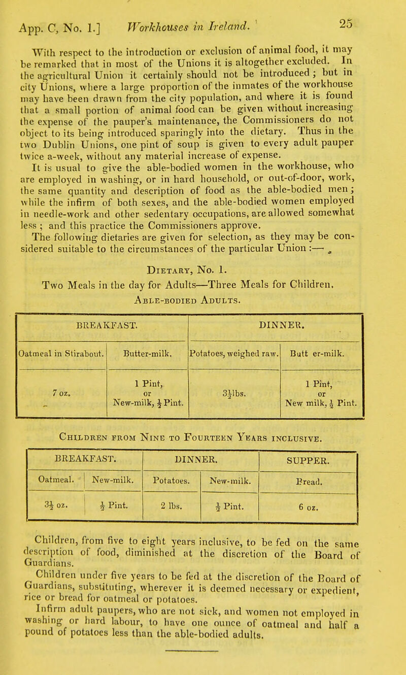 With respect to the introduction or exclusion of animal food, it may be remarked that in most of the Unions it is altogether excluded. In the atrricultural Union it certainly should not be introduced; but in city Unions, where a large proportion of the inmates of the workhouse may have been drawn from the city population, and where it is found that a small portion of animal food can be given without increasing the expense of the pauper'a maintenance, the Commissioners do not object to its being introduced sparingly into the dietary. Thus in the two Dublin Unions, one pint of soup' is given to every adult pauper twice a-week, without any material increase of expense. It is usual to give the able-bodied women in the workhouse, who are employed in washing, or in hard household, or out-of-door, work, the same quantity and description of food as the able-bodied men; while the infirm of both sexes, and the able-bodied women employed in needle-work and other sedentary occupations, are allowed somewhat less ; and this practice the Commissioners approve. The following dietaries are given for selection, as they may be con- sidered suitable to the circumstances of the particular Union :— ^ Dietary, No. 1. Two Meals in the day for Adults—Three Meals for Children. Able-bodied Adults. BREAKFAST. DINNER. Oatmeal in Stirabout. Butter-milk. Potatoes, weighed raw. Butt er-milk. 7 oz. 1 Pint, or New-milk, J Pint. Silbs. 1 Pint, or New milk, i Pint. Children from Nine to Fourteen Years inclusive. BREAKFAST. DINNER. SUPPER. Oatmeal, j New-milk. Potatoes. New-milk. Bread. 3^ 02. ^ Pint. 2 lbs. i Pint. 6 oz. Children, from five to eight years inclusive, to be fed on the same description of food, diminished at the discretion of the Board of Guardians. Children under five years to be fed at the discretion of the Board of Guardians, substituting, wherever it is deemed necessary or expedient rice or bread for oatmeal or potatoes. ' Infirm adult paupers, who are not sick, and women not employed in washing or hard labour, to have one ounce of oatmeal and half a pound of potatoes less than the able-bodied adults.