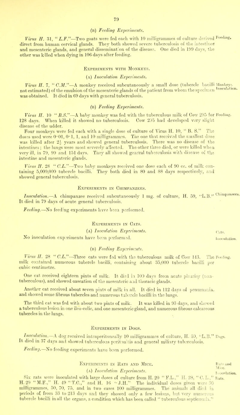 (b) Feeding Experiments. Virus H. 31,  L.F.—Two goats were fed each, with 10 milligrammes of culture derived Feeding, direct from human cervical glands. They both showed severe tuberculosis of the intestines and mesenteric glands, and general dissemination of the disease. One died in 199 days, the other was killed when dying in 106 days after feeding. Experiments with Monkeys, (a) Inoculation Experiments. Virus H. 7,  CM.—A monkey received subcutaneously a small dose (tubercle bacilli Monkeys not estimated) of the emulsion of the mesenteric glands of the patient from whom the specimen Inoculation, was obtained. It died in 69 days with general tuberculosis. (b) Feeding Experiments. Virus H. 10  5.5.—A baby monkey was fed with the tuberculous milk of Cow 295 for Feeding. 128 days. When killed it showed no tuberculosis. Cow 295 had developed very slight disease of the udder. Four monkeys were fed each with a single dose of culture of Virus H. 10,  B. S. The doses used were 0*01, 0* 1, 1, and 10 milligrammes. The one that received the smallest dose was killed after 21 years and showed general tuberculosis. There was no disease of the intestines ; the lungs were most severely affected. The other three died, or were killed when very ill, in 79, 99 and 151 days. They all showed general tubsrculosis with disease of the intestine and mesenteric glands. Virus H. 28  C.L.—Two baby monkeys received one dose each of 90 cc. of milk con- taining 5,000,000 tubercle bacilli. They both died in 80 and 88 days respectively, and showed general tuberculosis. Experiments in Chimpanzees. Inoculation.—A chimpanzee received subcutaneously 1 mg. of culture, H. 59, L.B. imPan It died in 79 days of acute general tuberculosis. Feeding.—No feeding experiments have been performed. Experiments in Cats, (a) Inoculation Experiments. Cuts. No inoculation cxp3riments have be?,n performed. Inoculation. (b) Feeding Experiments. Virus H. 28  C.L.—Three cats were fed with the tuberculous milk of Cow 143. The Feeding, milk contained numerous tubercle bacilli, containing about 35,000 tubercle bacilli per cubic centimetre. One cat received eighteen pints of milk. It died in 100 days from acute pleurisy (non- tuberculous), and showed caseation of the mesenteric and thoracic glands. Another cat received about seven pints of milk in all. It died in 112 days of penumonia, and showed some fibrous tubercles and numerous tubercle bacilli in the lungs. The third cat was fed with about two pints of milk. It was killed in 93 days, and showed a tuberculous lesion in one ileo-colic, and one mesenteric gland, and numerous fibrous calcareous tubercles in the lungs. Experiments in Dogs. Inoculation.—A dog received intraperitoneally 10 milligrammes of culture, H. 59, ;L.B. Dogs. It died in 37 days and showed tuberculous peritonitis and general miliary tuberculosis. Feeding.—No feeding experiments have been performed. Experiments in Rats and Mice. Rats and (a) Inoculation Experiments. T \ ,. 1 liiocnlatton. Six rats were inoculated with large doses of culture from H. 20  F.L., H. 28,  C. L., Eats. H.29 MX, H. 49  T.C., and H. 16 '-J.H. The individual doses given were 30 milligrammes, 50, 70, 75, and in two cases 100 milligrammes. The animals all died in periods of from 33 to 213 days and they showed only a few lesions, but very numerous tubercle bacilli in all the organs, a condition which has been called  tuberculous septic??:!.:, .