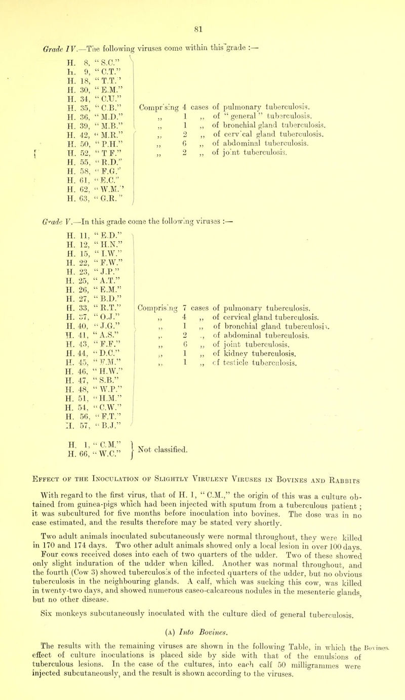 Grade IV.—Tae following viruses come within thisgrade :— H. h. S.C: C.T. H. 18, T.T.' H. 30, E.M. H. 34, C.U. H. 35, CB. H. H. H. H. 36, 39, 42, 50, M.D.' m.b; M.R.' P.H.' H. 52, T F. H. 55, R.D. H. 58, F.G. H. 61, E.C. H. 62, W.M.' H. 63, G.R. Compr'sing 4 cases of pulmonary tuberculosis. of general tuberculosis, of bronchial gland tuberculosis, of cerv'cal gland tuberculosis, of abdominal tuberculosis, of joint tuberculosis. Grade V.—In this grade come the following viruses :— H. H. H. H. H. H. H. H. H. H. H. H. H. H. H. H. H. H. H. H. H. II. 11, 12, 15, 22, 23, 25, 26, 27, 33, 37, 40, 41, 43, 44, 45, 46, 47, 48, 51, 54, 56, 57, ED. H.N. I.W. F.W. J.P. A.T. E.M. B.D. R.T. O.J. J.G. A.S. F.F. - D.C F.M. H.W. S.B. W.P. H.M. CW. F.T. B.J. Comprising 7 cases of pulmonary tuberculosis. of cervical gland tuberculosis, of bronchial gland tuberculosa of abdominal tuberculosis, of joint tuberculosis, of kidney tuberculosis, cf testicle tuberculosis. H. 1, CM. H. 66, W.C. Not classified. Effect of the Inoculation of Slightly Virulent Viruses in Bovines and Rabbits With regard to the first virus, that of H. 1, CM., the origin of this was a culture ob- tained from guinea-pigs which had been injected with sputum from a tuberculous patient; it was subcultured for five months before inoculation into bovines. The dose was in no case estimated, and the results therefore may be stated very shortly. Two adult animals inoculated subcutaneously were normal throughout, they were killed in 170 and 174 days. Two other adult animals showed only a local lesion in over 100 days. Four cows received doses into each of two quarters of the udder. Two of these showed only slight induration of the udder when killed. Another was normal throughout, and the fourth (Cow 3) showed tuberculosis of the infected quarters of the udder, but no obvious tuberculosis in the neighbouring glands. A calf, which was sucking this cow, was killed in twenty-two days, and showed numerous caseo-calcareous nodules in the mesenteric glands but no other disease. Six monkeys subcutaneously inoculated with the culture died of general tuberculosis. (a) Into Bovines. The results with the remaining viruses are shown in the following Table, in which the B< effect of culture inoculations is placed side by side with that of the emulsions of tuberculous lesions. In the case of the cultures, into each calf 50 milligrammes were injected subcutaneously, and the result is shown according to the viruses.