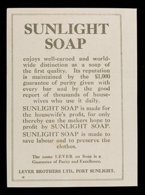 Sunlight : my soap is my fortune sir, she said / Lever Brothers Ltd.