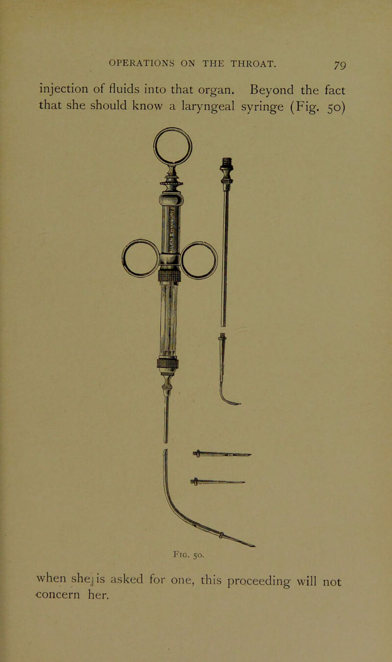 injection of fluids into that organ. Beyond the fact that she should know a laryngeal syringe (Fig. 50) when shejis asked for one, this proceeding will not concern her.