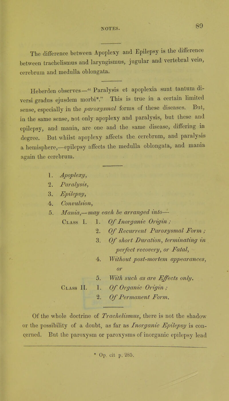 The difference between Apoplexy and Epilepsy is the difference between trachelismus and laryngismus, jugular and vertebral vein, cerebrum and medulla oblongata. Heberden observes— Paralysis et apoplexia sunt tantum di- versi gradus ejusdem morbi*. This is true in a certain limited sense, especially in the paroxysmal forms of these diseases. But, in the same sense, not only apoplexy and paralysis, but these and epilepsy, and mania, are one and the same disease, differing in degree. But whilst apoplexy affects the cerebrum, and paralysis a hemisphere,—epilepsy affects the medulla oblongata, and mania again the cerebrum. 1. Apoplexy, 2. Paralysis, 3. Epilepsy, 4. Convulsion, 5. Mania,—may each be arranged into—■ Class I, 1. Of Inorganic Origin; 2. Of Recurrent Paroxysmal Form ; 3. Of short Duration, terminating in perfect recovery, or Fatal, 4. Without post-mortem appearances, or 5. With such as are Ejects only. Class II. 1. 0/ Organic Origin; 2, Of Permanent Form. Of the whole doctrine of Trachelismus, there is not the shadow or the possibility of a doubt, as far as Inorganic Epilepsy is con- cerned. But the paroxysm or paroxysms of inorganic epilepsy lead • Op. cit p. 285.