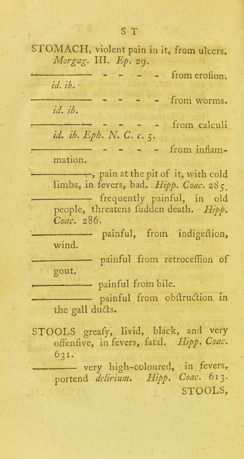 STOMACH, violent pain in it, from ulcers. Morgag. HI. Ep. 29. from erolion. id. ib. ■ - - from worms. id. ib. ! from calculi id* ib. Eph. N. C. c. 5. , _ from, inflam- mation. ' —> pain at the pit of it, with cold limbs, in fevers, bad. Hipp. Coac. 285. frequently painful, in old people, threatens fudden death. Hipp. Coac. 286. painful, from indigeftion, wind. —— — painful from retroceflion of gout. r painful from bile. . painful from obftruction in the gall ducts. STOOLS greafy, livid, black, and very offenfive, in fevers, fatal. Hipp. Coac. 631. very high-coloured, in fevers, portend delirium. Hipp. Coac. 613. STOOLS,