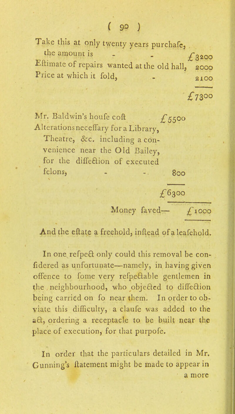 Take this at only twenty years purchafc, the amount is . £*3*oo Eftimate of repairs wanted at the old hall, 2000 Price at which it fold, . 2100 Mr. Baldwin's houfe coft £5500 Alterations neceffary for a Library, Theatre, Sec. including a con- venience near the Old Bailey, for the difTeftion of executed felons, - -. 800 £6300 Money faved— £^1000 And the eftate a freehold, inflead of aleafehold. In one refpe6t only could this removal be con- fidered as unfortunate—namely, in having given offence to fome very refpeftable gentlemen in the neighbourhood, who objeclcd to diffe&ion being carried on fo near them. In order to ob- viate this difficulty, a claufe was added to the a6t, ordering a receptacle to be built near the place of execution, for that purpofe. In order that the particulars detailed in Mr. Gunnings ftatement might be made to appear in a more