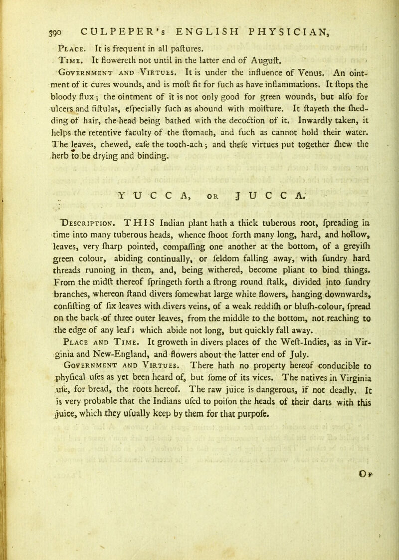 Place. It is frequent in all paftures. Time. It flovvereth not until in the latter end of Auguft. Government and Virtues. It is under the influence of Venus. An oint- ment of it cures wounds, and is moft fit for fuch as have inflammations. It ftops the bloody flux the ointment of it is not only good for green wounds, but alfo for ulcers and fiftulas, efpecially fuch as abound with moifture. It ftayeth the flied- ding of hair, the head being bathed with the decodlion of it. Inwardly taken, it helps the retentive faculty of the ftomach, and fuch as cannot hold their water. The leaves, chewed, eafe the tooth-ach > and thefe virtues put together ihew the ,herb to be drying and binding. y V CCA, OR J U C C A. T)escription. T H I S Indian plant hath a thick tuberous root, fpreading in time into many tuberous heads, whence Ihoot forth many long, hard, and hollow, leaves, very fharp pointed, compafling one another at the bottom, of a greyifh green colour, abiding continually, or feldom falling away, with fundry hard threads running in them, and, being withered, become pliant to bind things. From the midft thereof fpringeth forth a ftrong round ftalk, divided into fundry branches, whereon ftand divers fomewhat large white flowers, hanging downwards, confiding of fix leaves with divers veins, of a weak reddifli or bluih-colour, fpread on the back of three outer leaves, from the middle to the bottom, not reaching to the edge of any leaf; which abide not long, but quickly fall away. Place and Time. It groweth in divers places of the Wefl--Indies, as in Vir- ginia and New-England, and flowers about the latter end of July. Government and Virtues. There hath no property hereof conducible to phyfical ufes as yet been heard of, but fome of its vices. The natives in Virginia ufe, for bread, the roots hereof. The raw juice is dangerous, if not deadly. It is very probable that the Indians ufed to poifon the heads of their darts with this juice, which they ufually keep by them for that purpofe. Of