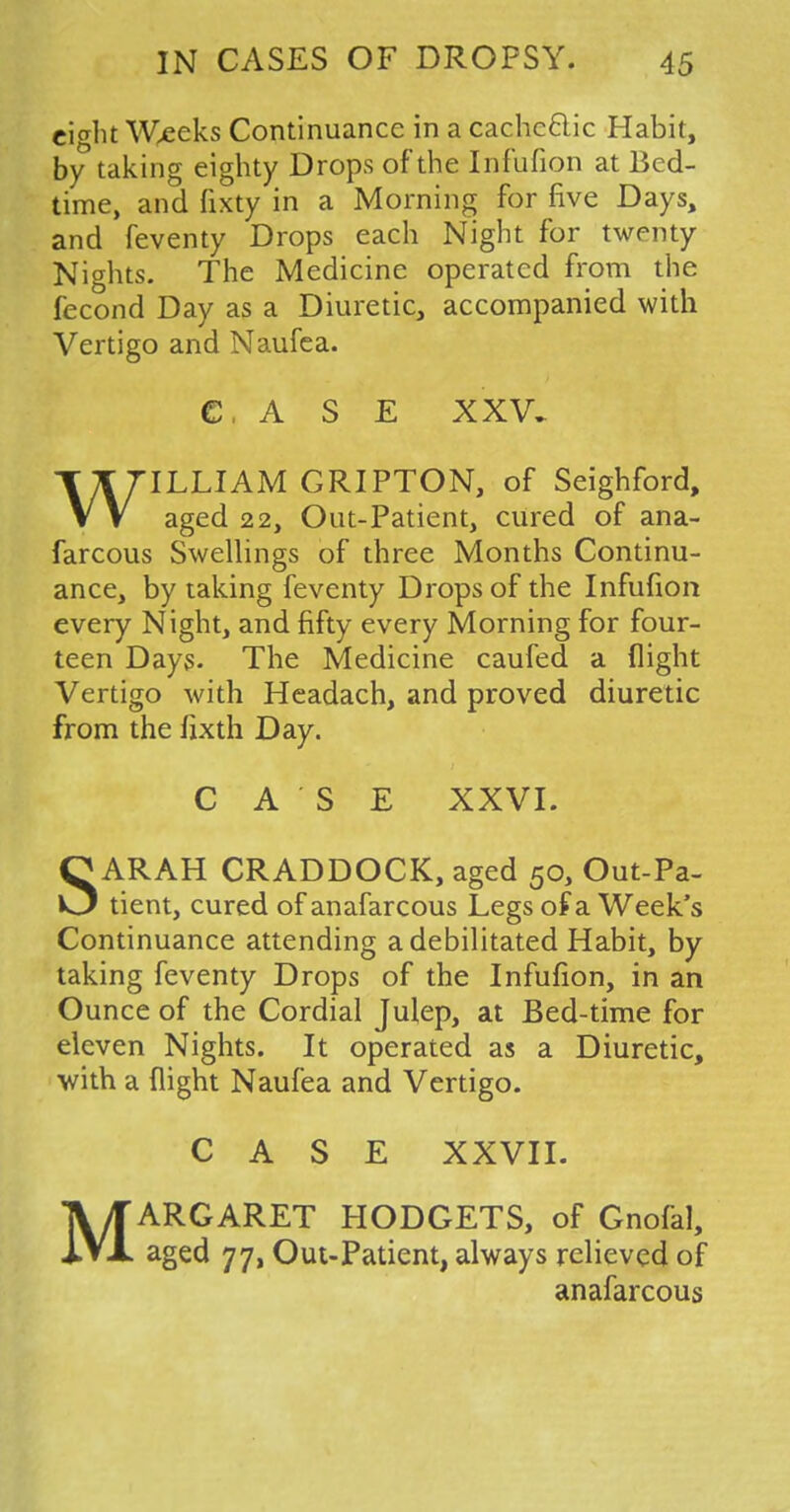 ei<dit Weeks Continuance in a cachectic Habit, by taking eighty Drops of the Infufion at Bed- time, and fixty in a Morning for five Days, and feventy Drops each Night for twenty Nights. The Medicine operated from the fecond Day as a Diuretic, accompanied with Vertigo and Naufea. CASE XXV. WILLIAM GRIPTON, of Seighford, aged 22, Out-Patient, cured of ana- farcous Swellings of three Months Continu- ance, by taking feventy Drops of the Infufion every Night, and fifty every Morning for four- teen Days. The Medicine caufed a flight Vertigo with Headach, and proved diuretic from the fixth Day. CASE XXVI. SARAH CRADDOCK, aged 50, Out-Pa- tient, cured of anafarcous Legs of a Week's Continuance attending a debilitated Habit, by taking feventy Drops of the Infufion, in an Ounce of the Cordial Julep, at Bed-time for eleven Nights. It operated as a Diuretic, with a flight Naufea and Vertigo. CASE XXVII. MARGARET HODGETS, of Gnofal, aged 77, Out-Patient, always relieved of anafarcous