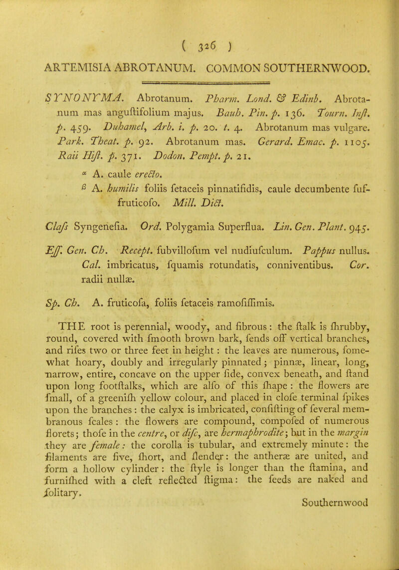 ( 3*6 ) ARTEMISIA ABROTANUM. COMMON SOUTHERNWOOD. SYNONYM A. Abrotanum. Pharm. Lond. & Edi?ib. Abrota- num mas anguftifolium majus. Bauh. Pin. p. 136. Toum. Jujl. p. 459. Duhamel) Arb. i. p. 20. /. 4. Abrotanum mas vulgare. Park. Theat. p. 92. Abrotanum mas. Gerard. Emac. p. 1105. Rait Hijl. p. 371. Dodon. Petnpt. p. 21. 05 A. caule erecJo. 6 A. humilis foliis fetaceis pinnatifidis, caule decumbente fuf- fruticofo. Mill. Dicl. Clafs Syngenefia. Ord. Polygamia Superflua. Lin. Gen. Plant. 945. EJf. Gen. Ch. Recept. fubvillofum vel nudiufculum. Pappus nullus. Cal. imbricatus, fquamis rotundatis, conniventibus. Cor. radii nullae. Sp. Ch. A. fruticofa, foliis fetaceis ramofiflimis. THE root is perennial, woody, and fibrous: the ftalk is fhrubby, round, covered with fmooth brown bark, fends off vertical branches, and rifes two or three feet in height: the leaves are numerous, fome- what hoary, doubly and irregularly pinnated; pinna?, linear, long, narrow, entire, concave on the upper fide, convex beneath, and ftand upon long footftalks, which are alfo of this fhape : the flowers are fmall, of a greenifli yellow colour, and placed in clofe terminal fpikes upon the branches : the calyx is imbricated, confifting of feveral mem- branous fcales : the flowers are compound, compofed of numerous florets j thofe in the centre, or difc, are hermaphrodite \ but in the margin they are female: the corolla is tubular, and extremely minute: the filaments are five, fhort, and flendejr: the anthers are united, and form a hollow cylinder : the ftyle is longer than the ftamina, and furnifhed with a cleft reflected ftigma: the feeds are naked and iblitary. Southernwood