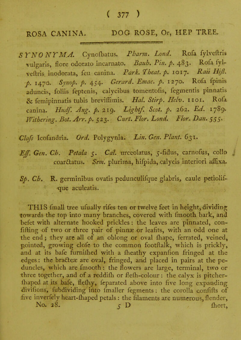 ROSA CANINA. DOG ROSE, Or, HEP TREE. STNONTM.A, Cynofbatus. Phann. Lond. Rofa fylveftrls vulgaris, flore odorato incarnato. Bauh, Phi. p. 483. Rofa fyl- veftris, inodorata, feu canina. Park, iheat, p, 1017. Raii Hift. p. 1470. Sy?iop, p. 454. Gerard. Emac. p. 1270. Rofa fpinis aduncis, foliis feptenis, calycibus tomentofis, fegmentis pinnatis & femipinnatis tubis breviffimis. Hal. Stirp. Helv. i ioi. Rofa canina. Hiidf. Jjig. p. 219. Light/. Scot. p. 262. Ed. 1789. Withering. Bat. Arr.p. 523. Curt. Flor. Lond. Flor. Dan. 555. Clafs Icofandria. Ord. Polygynla. Lin. Gen. Plant. 631.. EJf. Gen. Ch. Petala 5. Cal. urceolatus, 5-fidus, carnofus, collo , coardatus. Sem. plurima, hifpida, calycis interiori aiExa. Sp. Ch. R. germinibus ovafis pedunculifque glabris, caule petiolif- -que aculeatis. THIS fmall tree ufually rifes ten or twelve feet in heigbt, dividing towards the top into many branches, covered with fmooth bark, and befet with alternate hooked prickles: the leaves are pinnated, con- fifting of two or three pair of pinnse or leafits, with an odd one at the end; they arc all of an oblong or oval fhape, ferrated, veined, pointed, growing clofe to the common footftalk, which is prickly, and at its bafe furnifhed with a fheathy expanfion fringed at the edges: the bra<^teae are oval, fringed, and placed in pairs at the pe- duncles, which are fmooth: the flowers are large, terminal, two or three together, and of a reddifli or flefh-colour: the calyx is pitcher- fhaped at its bafe, flefliy, fcparated above into five long expanding divifions, fubdividing into fmaller fegmcnts : the corolla confifts of five inverfely heart-fhaped petals : the filaments are numerous, Ilender, No. 28.. 5 D fliort,