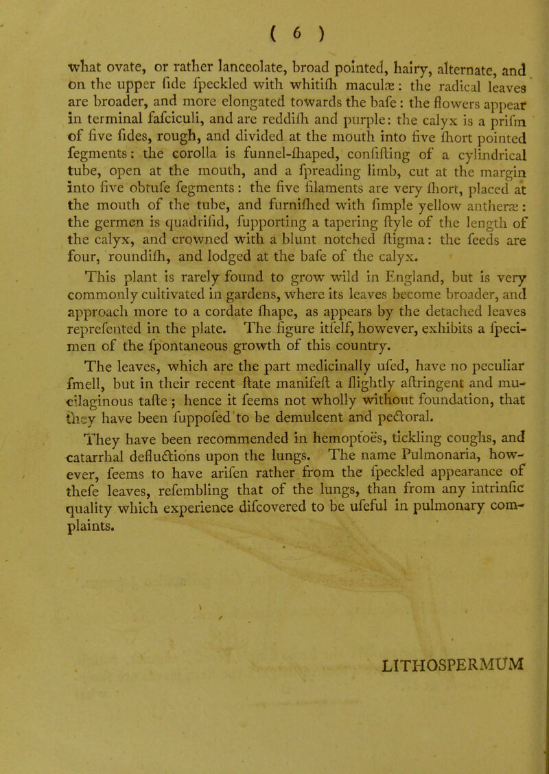 what ovate, or rather lanceolate, broad pointed, hairy, alternate, and On the upper fide fpeckled with whitifti macule: the radical leaves are broader, and more elongated towards the bafe : the flowers appear in terminal fafciculi, and are reddiih and purple: the calyx is a prifin of five fides, rough, and divided at the mouth into five fhort pointed fegments: the corolla is funnel-fhaped, confiding of a cylindrical tube, open at the mouth, and a fpreading limb, cut at the margin into five obtufe fegments: the five filaments are very fhort, placed at the mouth of the tube, and furnifhed with fimple yellow anthers: the germen is quadrifid, fupporting a tapering ftyle of the length of the calyx, and crowned with a blunt notched ftigma: the feeds are four, roundifh, and lodged at the bafe of the calyx. This plant is rarely found to grow wild in England, but is very commonly cultivated in gardens, where its leaves become broader, and approach more to a cordate fhape, as appears by the detached leaves reprefented in the plate. The figure itfelf, however, exhibits a fpeci- men of the fpontaneous growth of this country. The leaves, which are the part medicinally ufed, have no peculiar fmell, but in their recent ftate manifeft a {lightly aftringent and mu- cilaginous tafte ; hence it feems not wholly without foundation, that they have been fuppofed to be demulcent and pe&oral. They have been recommended in hemoptoes, tickling coughs, and catarrhal deflu&ions upon the lungs. The name Pulmonaria, how- ever, feems to have arifen rather from the fpeckled appearance of thefe leaves, refembling that of the lungs, than from any intrinfic quality which experience difcovered to be ufeful in pulmonary com- plaints. V / LITHOSPERMlTM
