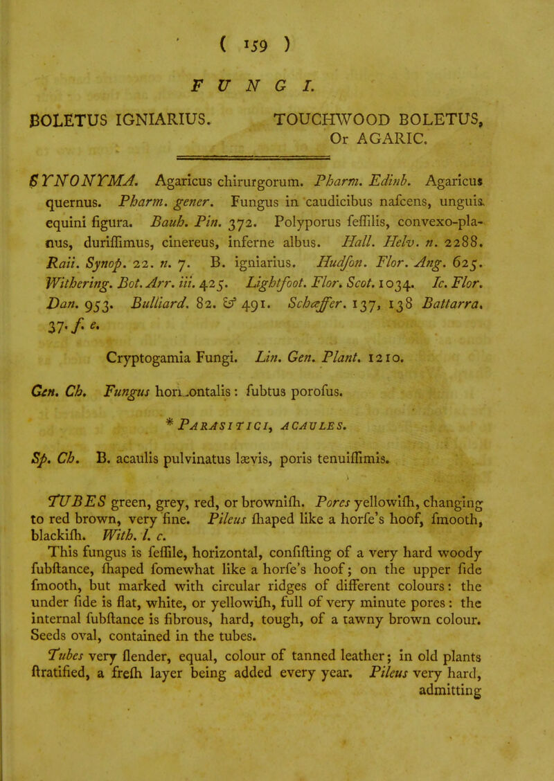 FUNGI. BOLETUS IGNIARIUS. TOUCHWOOD BOLETUS, Or AGARIC. BYNONTMA. Agaricus chirurgorum. Pharm. Edinb. Agaricus quernus. Pharm. gener. Fungus in caudicibus nafcens, unguis, equini figura. Bauh. Pin. 372. Polyporus feffilis, convexo-pla- nus, durifiimus, cinereus, inferne albus. Hall. Helv. n. 2288. Rait. Synop. 22. n. 7. B. igniarius. Hud/on. Flor. Ang. 625. Withering. Bot. Arr. Hi. 4.25. Lightfoot. Flor. Scot. 1034. Ic. Flor. Dan. 953. Bulliard. 82. &f 491. Schaffer. 137, 138 Battarra. 37« / Cryptogamia Fungi. Lin. Gen. Plant. 1210. Gin. Ch. Fungus hon .ontalis : fubtus porofus. * Parasitica acavles. Sp. Ch. B. acaulis pulvinatus lseyis, poris tenuiflimis. TUBES green, grey, red, or brownifh. Pores yellowifh, changing to red brown, very fine. Pileus fhaped like a horfe's hoof, fmooth, blackilh. With. I. c. This fungus is feffile, horizontal, confifting of a very hard woody fubftance, fhaped fomewhat like a horfe's hoof; on the upper fide fmooth, but marked with circular ridges of different colours: the under fide is flat, white, or yellowifh, full of very minute pores: the internal fubftance is fibrous, hard, tough, of a tawny brown colour. Seeds oval, contained in the tubes. Tubes very {lender, equal, colour of tanned leather; in old plants ft ratified, a frefh layer being added every year. Pileus very hard, admitting