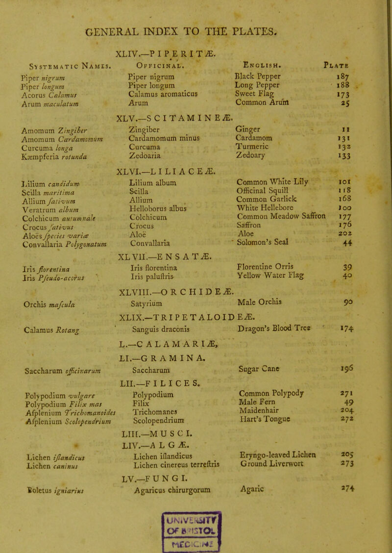 Systematic Names. Piper nigrum Piper longum Acorus Calamus Arum macula turn Amomum Zingiber Amomum Cardamomum Curcuma longa Kaempferia rotunda Jj ilium candidum Scilla maritima Allium fativum Veratrum album Colchicum awumnalc Crocus fati-vus Aloes /pedes varia Convallaria Polygonatum Iris f.orentina Jris P/eudo-acorus Orchis mafcula Calamus Rotang Saccharum officivarum Poly podium -vulgare Polypodium Filix mas Afplenium Trichomanoides Afplenium Scolopendrium Lichen ijlandicus Lichen caninus loletus igniarius XLIV.—P I P E R I T IE. Officinal. Piper nigrum Piper longum Calamus aromaticus Arum XLV.—S CITAMINE£> Zingiber Cardamomum minus Curcuma Zedoaria XLVI.—L I LI A C E JE. Lilium album Scilla Allium Helloborus albus Colchicum Crocus Aloe Convallaria XL VII.—E N S A TJE. Iris florentina Iris paluftris- XLVIIL— O RCHIDEjE. Satyrium XLIX.—TRIPETALO Sanguis draconis L.—C ALAM ARtiE, LI.—G R A M I N A. Saccharum LIL— F I L I C E S. Polypodium Filix Trichomanes Scolopendrium LIH.—M U S C I. LIV.—A L G JE. Lichen iflandicus Lichen cinereus terreftris LV.—F U N G I. Agaricus chirurgorum Agaric English. Plate Black Pepper 187 Long Pepper 188 Sweet Flag 173 Common Arum 25 Ginger Cardamom Turmeric Zedoary Common White Lily Officinal Squill Common Garlick White Hellebore Common Meadow Saffron Saffron Aloe Solomon's Seal Florentine Orris Yellow Water Flag Male Orchis 1DEJE. Dragon's Blood Trea Sugar Cane Common Polypody Male Fern Maidenhair Hart's Tongue Eryngo-leaved Lichen Ground Liverwort 11 131 132 133 101 11S 168 loo 177 176 202 44 39 40 90 174 196 271 49 204 272 205 273 274 MEDIC HI