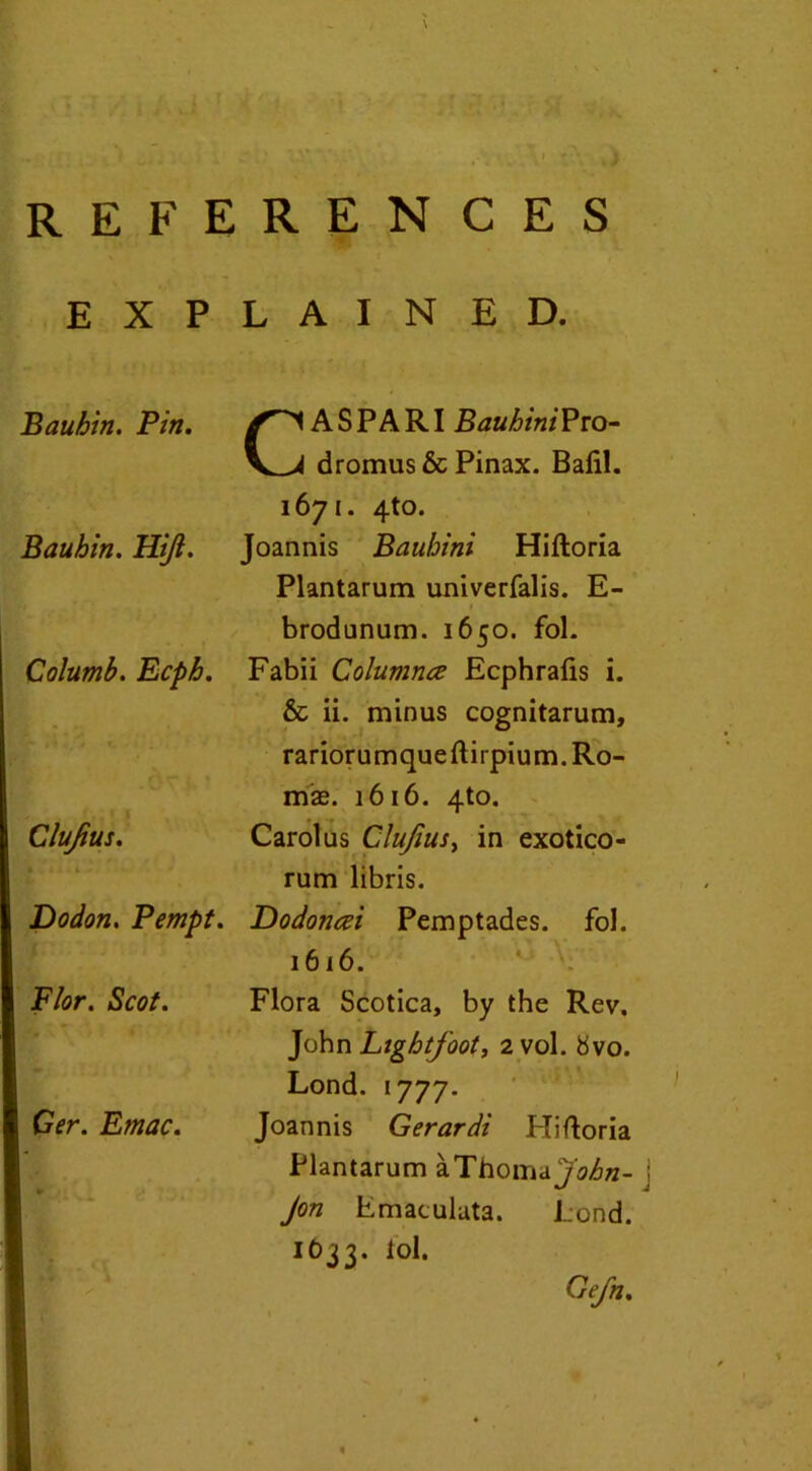 \ REFERENCES EXPLAINED. Bauhin. Pin. Bauhin. Hi/i. Columb. Ecph. Clujius. • l A - A JDodon. Pempt. Flor. Scot. Cer. Emac. CASPARI BauhiniPro- dromus & Pinax. Bafil. 1671. 4to. Joannis Bauhini Hiftoria Plantarum univerfalis. E- 1 brodanum. 1650. fol. Fabii Columnce Ecphrafis i. & ii. minus cognitarum, rariorumqueflirpium.Ro- mae. 1616. 4to. Carolus Clufms, in exotico- rum libris. Dodoncei Pemptades. fol. 1616. Flora Scotica, by the Rev. John Lightfoot, 2 vol. bvo. Lond. 1777. Joannis Gerardi Hiftoria Plantarum aThomayo-6/z- j Jon Lmaculata. Pond. 10 2 3. lol. Gefn.