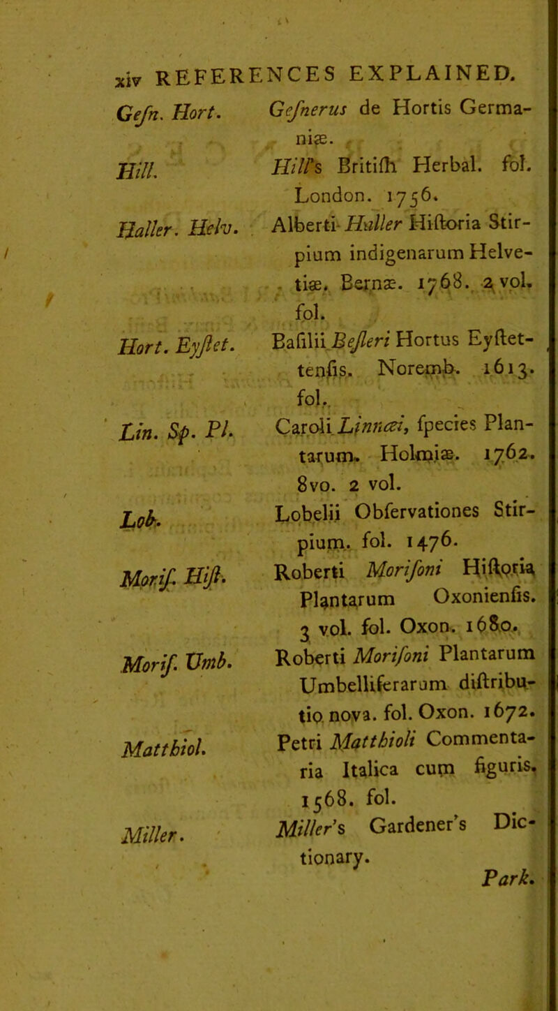 Gefrt. Hort. ' £ Li ' ^ Gefnerus de Hortis Germa- nics. Bill. Hill's Britilh Herbal, fol. London. 1756. Haller. Helv. ••e • • « • > s \ <*•. ■. \stjE 5 Alberti- Huller Hiftoria Stir- piam indigenarum Helve- tia?. Bernas. 1768. 2 vol. fol. Hort. Eyfiet. '_r r ' Bafilii Beferi Hortus Eyftet- tenfis. Noremb. 1613. Lin. Sfi. El. fol, Caroli Ljnncei, fpecies Plan- tarum, Holmiae. 1762. 8vo. 2 vol. Lob- Lobeli.i Obfervationes Stir- Motif. Hift. plum. fol. 1476. Roberti Morifoni H i {fori* Pl^ntarum Oxonienlis. Morif Umb. 3 vol. fol. Oxon. 168.0. Roberti Morif oni Plan tar urn Umbellifcrarjm diftribu- Mattbiol. tio nova. fol. Oxon. 1672. Petri Matthioli Com men ta- ria Italica cum figuris, Miller. 1568. fol. Miller's Gardener’s Dic- / • § tionary. Park.