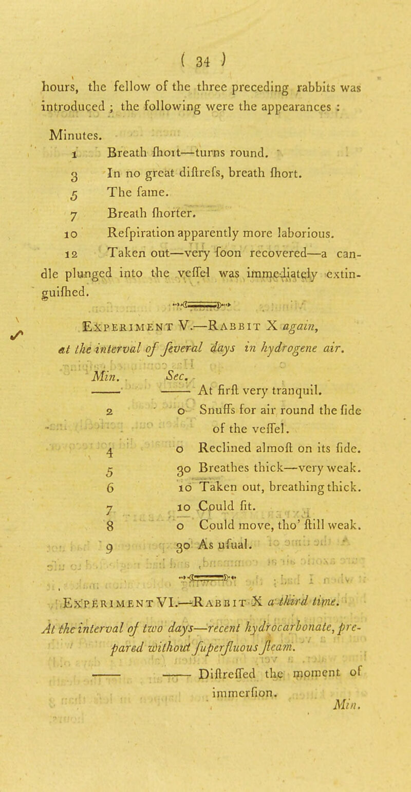 hours, the fellow of the three preceding rabbits was introduced ; the following were the appearances : Minutes. i Breath fhoit—turns round, s 3 In no great diftrefs, breath fhort. 5 The fame. 7 Breath fhorter. io Refpiration apparently more laborious. 12 Taken out—very foon recovered—a can- dle plunged into the veffel was immediately extin- guifhed. Experiment V.—Rabbit X again, at the interval of feveral days in hydrogene air. Min. Sec. • 1 At firft very tranquil. 2 o Snuffs for air round the fide of the veffel. 4 o Reclined almoft on its fide. § go Breathes thick—very weak. 6 io Taken out, breathing thick. 7 io Could fit. 8 o Could move, tho' ftill weak. 9 30 As ufual. Experiment VI.—Rabbit X athird time. ■ At the interval of two days—recent hydro carbonate, pre- pared xdithout fuperjluous Jlcam. Diflreffed the moment of immerfion. Min.