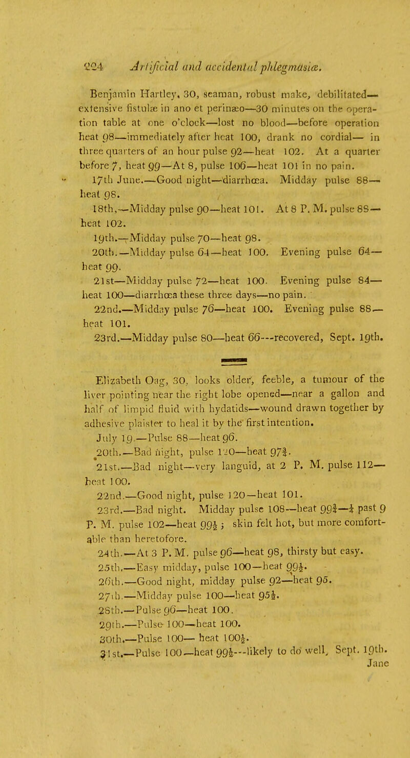 Benjamin Hartley, 30, seaman, robust make, debilitated- extensive fistulfe in ano et perinaeo—30 minates on the opera- tion table at one o'clock—lost no blood—before operation heat p8—immediately after heat 100, drank no cordial— in three quarters of an hour pulse 92—heat 102. At a quarter before 7, heat 99—At 8, pulse I06—heat 101 in no pain. I7tli June Good night—diarrhcca. Midday pulse 88— heat 98. 18th,-—Midday pulse 90—heat 101. At 8 P. M. pulse 88— heat 102. 19th.—Midday pulse 70—heat 98. 20th.—Midday pulse 64—heat 100. Evening pulse 64— heat 99. 21st—Midday pulse 72—heat 100. Evening pulse 84— heat 100—diarrhoea these three days—no pain. 22nd.—Midday pulse 76—heat 100. Evening pulse 88 — heat 101. 23rd.—Midday pulse 80—heat 66™recovered, Sept. 19th. Elizabeth Oag, 30, looks older, feeble, a tumour of the liver pointing near the riglit lobe opened—near a gallon and half of limpid fluid with hydatids—wound drawn together by adhesive plaistet to heal it by the' first intention. July ig.—Pulse 88—Iieatge. 20th Bad night, pulse I'JO—heat 97|. '21st,—Ead night—very languid, at 2 P. M. pulse 112— bent 100. 22nd.—Good night, pulse 120 —heat 101. 23rd.—Bad night. Midday pulse 108—heat 991—i past 9 P. M. pulse 102—heat QQi 5 skin felt hot, but more comfort- able than heretofore. 24th.—At 3 P. M, pulse 96—heat 98, thirsty but easy. 2.5th,—Easy midday, pulse 100—heat 99J. 2f5ih.—Good night, midday pulse 92—heat QS. 27,h.—Midday pulse 100—heat 95^. .2Sth.—Pulse 96—heat 100. 29th.—Pulse-100—heat 100. 30th,—Pulse 100— heat lOOi. ^ 1st.—Pulse 100—heat 99^—likely to do well, Sept. 19th. Jane