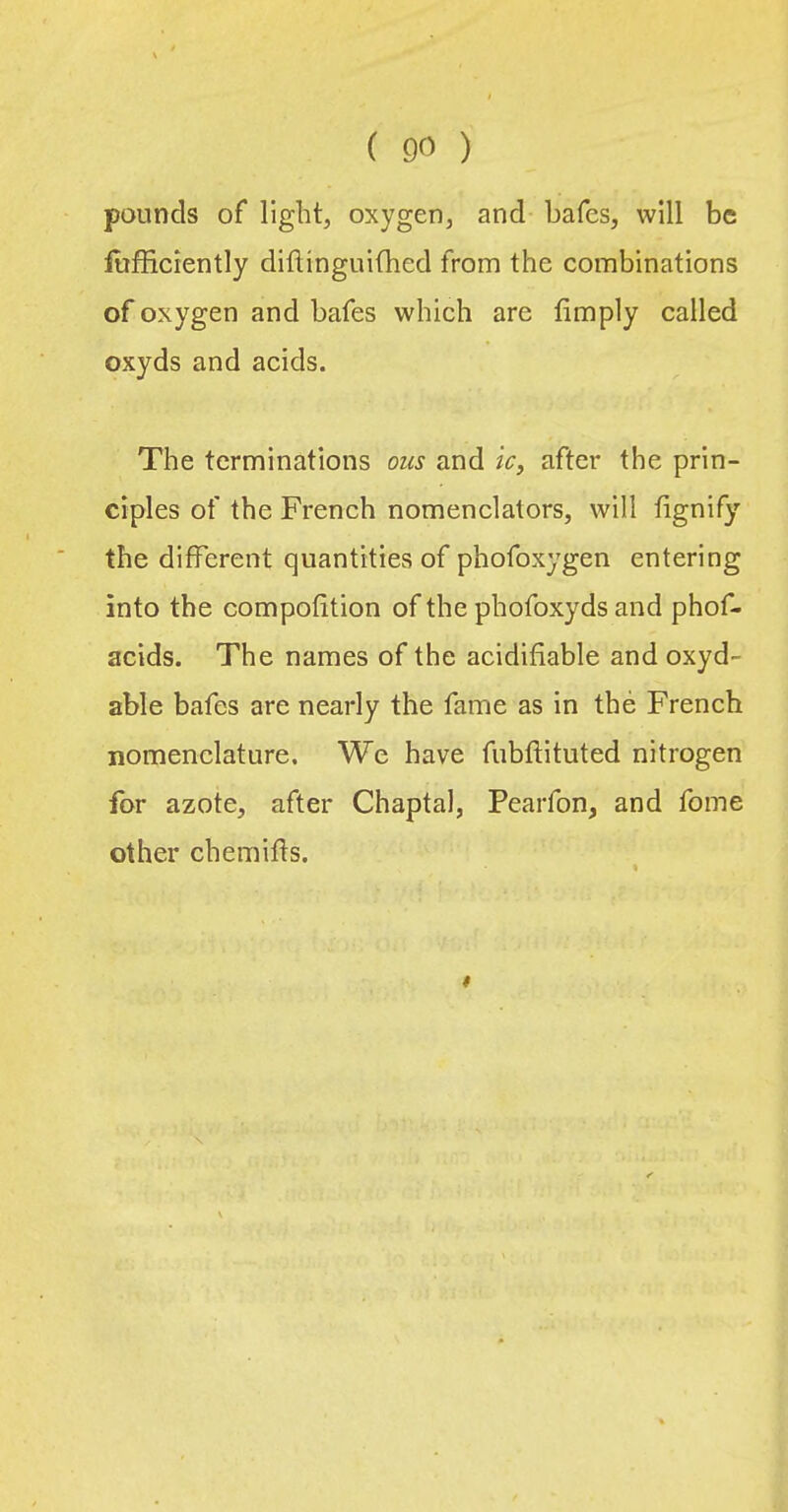 pounds of light, oxygen, and bafes, will be fufficiently diftinguifhed from the combinations of oxygen and bafes which are limply called oxyds and acids. The terminations ous and /V, after the prin- ciples of the French nomenclators, will fignify the different quantities of phofoxygen entering into the compofition of the phofoxyds and phof- acids. The names of the acidifiable and oxyd- able bafes are nearly the fame as in the French nomenclature. We have fubftituted nitrogen for azote, after Chaptal, Pearfon, and fome other chemifls.