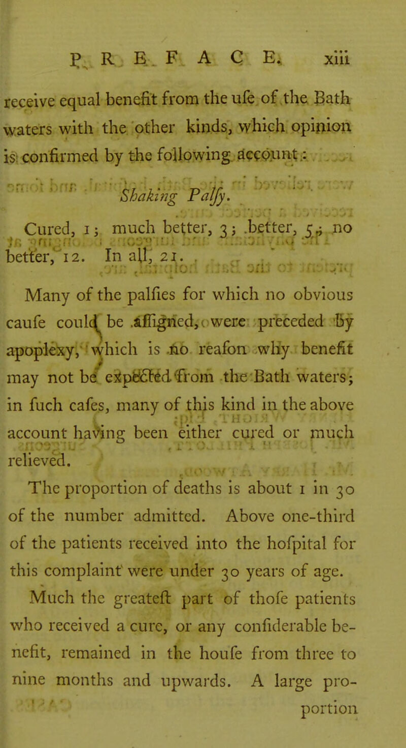 receive equal benefit from the ufe of the Bath waters with the other kinds, which opijiion is'confirmed by the following dceoinit ; Shaking Pdtfy. Cured, jmuch better, 3 j .better, 5^ no better,*^!2. In aU; 2^. . ' • ■ . Many of the palfies for which no obvious caufe coulc^be .alTignedjc were preceded By apoplexy, which is .66 reafon .wHy benefit may not be e^pd£fdd'from the Bath waters; in fuch cafes, many of th^s kind in the abqye account hav^ing been either cured or rnuch relieved. The proportion of deaths is about i in 30 of the number admitted. Above one-third of the patients received into the hofpital for this complaint were under 30 years of age. Much the greateft part of thofe patients who received a cure, or any confiderable be- nefit, remained in the houfe from three to nine months and upwards. A large pro- portion