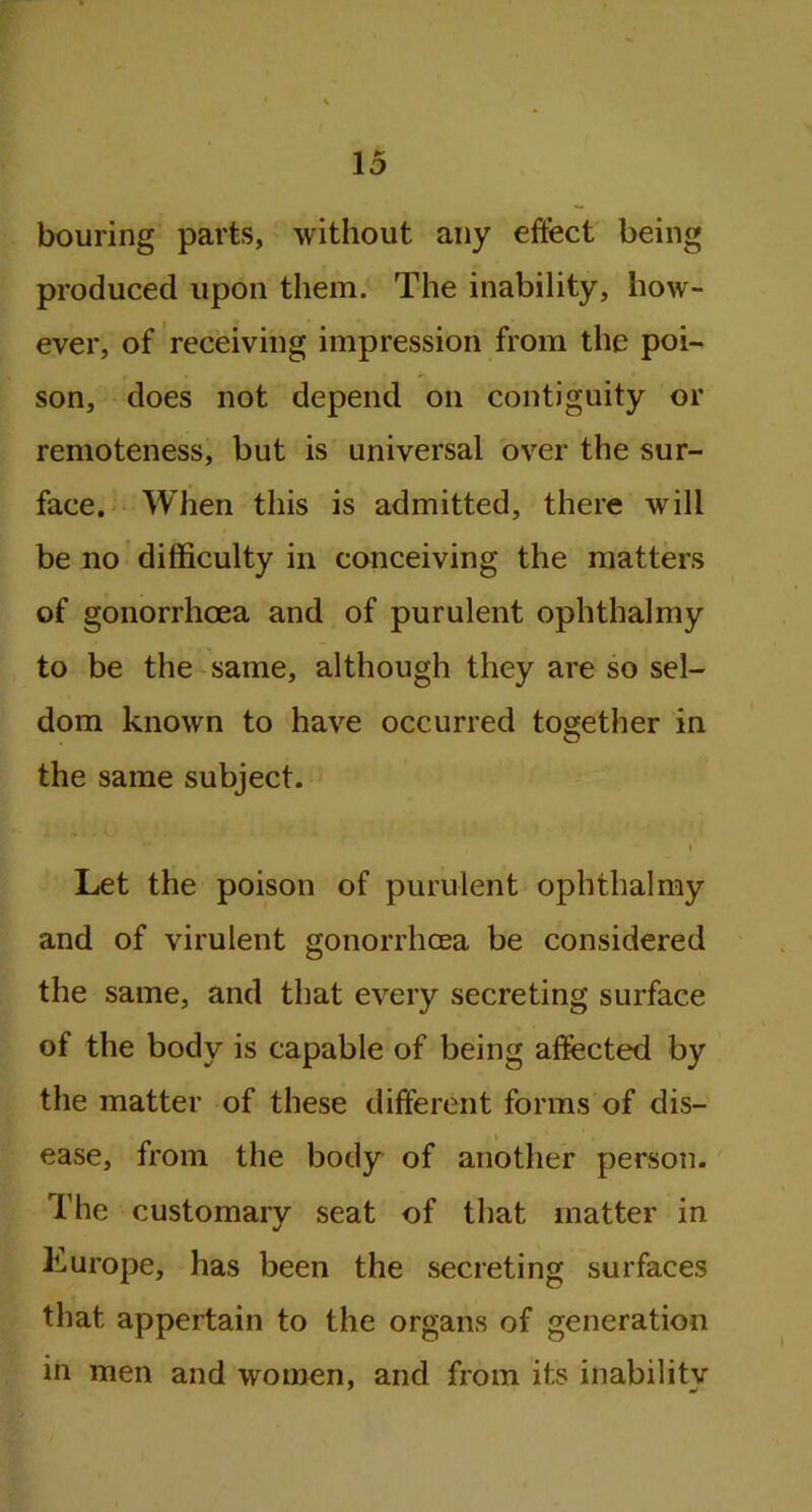 bouring parts, without any effect being produced upon them. The inability, how- ever, of receiving impression from the poi- son, does not depend oil contiguity or remoteness, but is universal over the sur- face. When this is admitted, there will be no difficulty in conceiving the matters of gonorrhoea and of purulent oplithalmy to be the same, although they are so sel- dom known to have occurred together in the same subject. i Let the poison of purulent ophthalmy and of virulent gonorrhoea be considered the same, and that every secreting surface of the body is capable of being affected by the matter of these different forms of dis- ease, from the body of another person. The customary seat of that matter in Europe, has been the secreting surfaces that appertain to the organs of generation in men and women, and from its inability