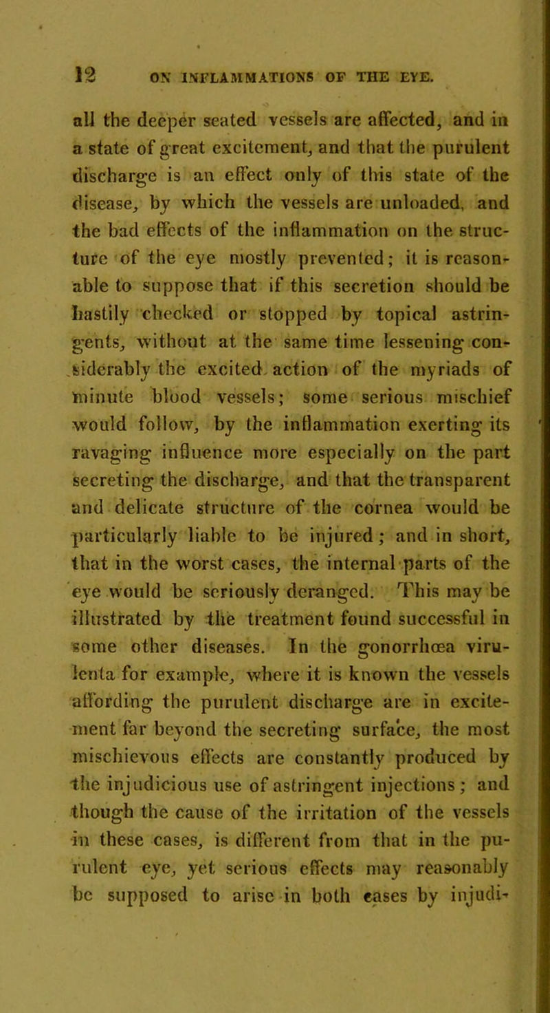 all the deeper seated vessels are affected, and in a state of great excitement, and that the purulent discharge is an effect only of this state of the disease, by which the vessels are unloaded, and the bad effects of the inflammation on the struc- ture of the eye mostly prevented; it is reason- able to suppose that if this secretion should be hastily checked or stopped by topical astrin- gents, without at the same time lessening con- siderably the excited action of the myriads of minute blood vessels; some serious mischief would follow, by the inflammation exerting its ravaging influence more especially on the part secreting the discharge, and that the transparent and delicate structure of tile cornea would be particularly liable to be injured ; and in short, that in the worst cases, the internal parts of the eye would be seriously deranged. This may be illustrated by the treatment found successful in some other diseases. In the gonorrhoea viru- ienta for example, where it is known the vessels affording the purulent discharge are in excite- ment far beyond the secreting surface, the most mischievous effects are constantly produced by the injudicious use of astringent injections; and though the cause of the irritation of the vessels in these cases, is different from that in the pu- rulent eye, yet serious effects may reasonably be supposed to arise in both eases by injudi-