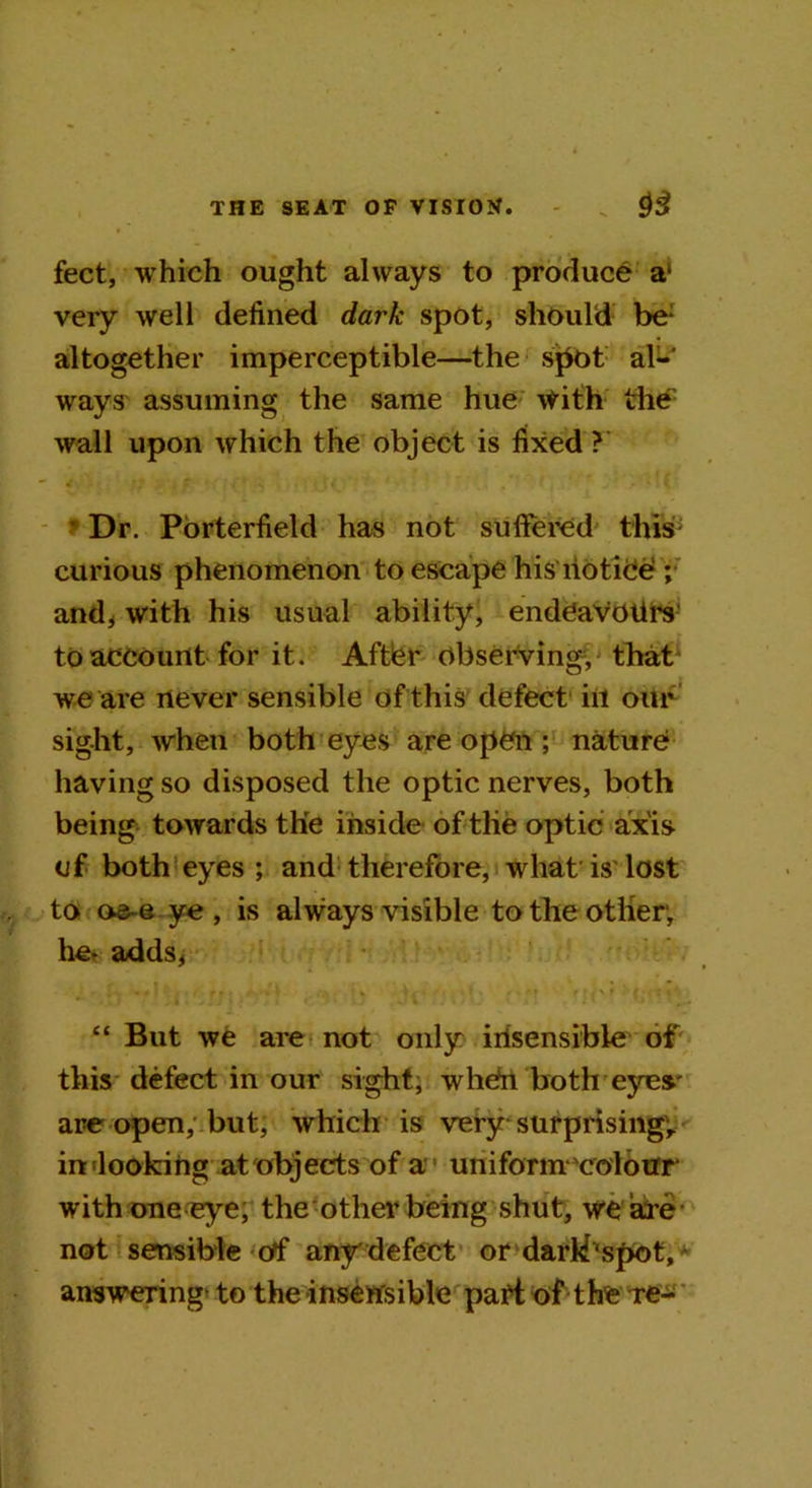 feet, which ought always to produce a1 very well defined dark spot, should be- altogether imperceptible—the spot al- ways assuming the same hue With the' wall upon which the object is fixed ? Dr. Porterfield has not suffered this5 curious phenomenon to escape his notice ; and, with his usual ability, endeaVOtlrs to account for it. After Observing, that' we are never sensible of this defect ill our sight, when both eyes are open ; nature having so disposed the optic nerves, both being towards the inside of the optic axis a f both eyes ; and therefore, what is lost to oa-e ye , is always visible to the other; he* adds, “ But we are not only insensible of this defect in our sight, whefn both eyes' are open, but, which is very surprising; in'looking at objects of a uniform colour with one eye; the other being shut, we are not sensible ctf any defect or dark'spot, answering* to the insensible part of the re-