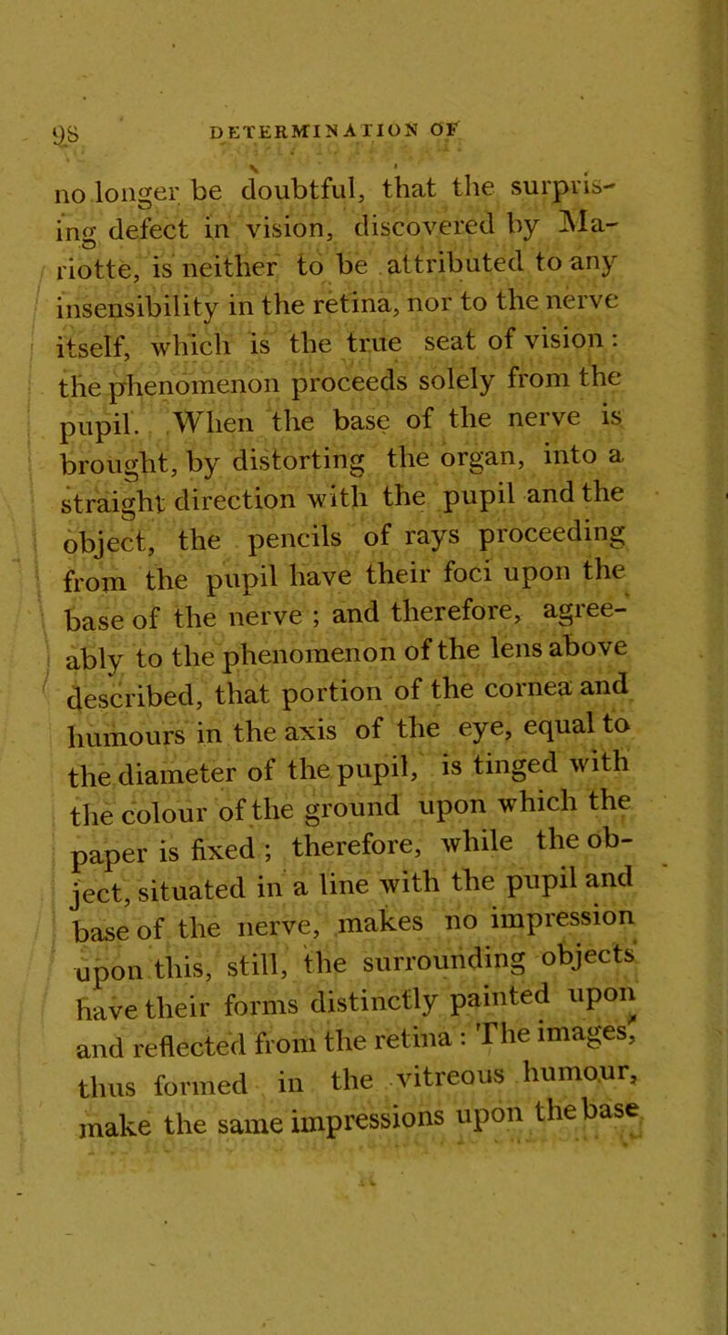 no longer be doubtful, that the surpris- ing defect in vision, discovered by Ma- riotte, is neither to be attributed to any insensibility in the retina, nor to the nerve itself, which is the true seat of vision: the phenomenon proceeds solely from the pupil. When the base of the nerve is brought, by distorting the organ, into a straight direction with the pupil and the object, the pencils of rays proceeding from the pupil have their foci upon the base of the nerve ; and therefore, agree- ably to the phenomenon of the lens above described, that portion of the cornea and humours in the axis of the eye, equal to the diameter of the pupil, is tinged with the colour of the ground upon which the paper is fixed ; therefore, while the ob- ject, situated in a line with the pupil and base of the nerve, makes no impression upon this, still, the surrounding objects have their forms distinctly painted upon and reflected from the retina: The images, thus formed in the vitreous humour, make the same impressions upon the base