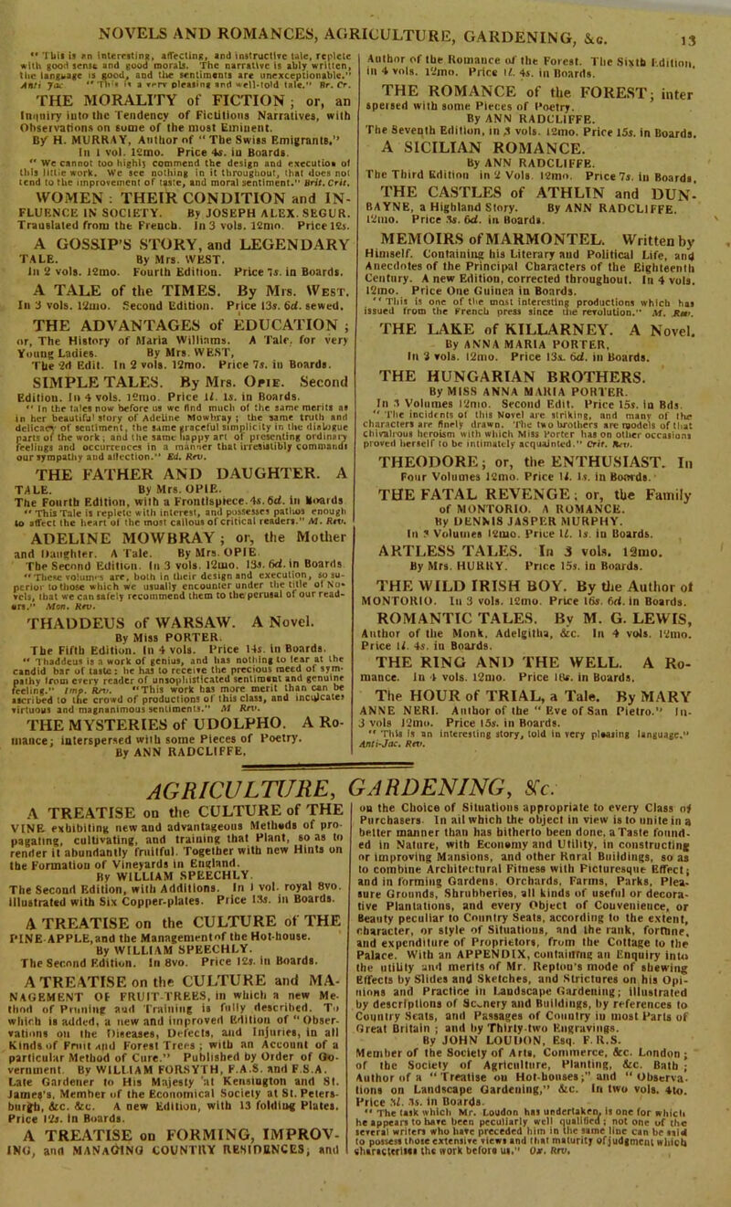 NOVELS AND ROMANCES, AGRICULTURE, GARDENING, &c. *' TUi* is *n interesting, affecting, and instructive tale, replete with good sense and good morals. The narrative is ably written, the language is good, and tlie sentiments are unexceptionable. Anti Jan *' Tlvs iv a venr pleasing and well-told tale. Rr. Cr, THE MORALITY of FICTION; or, an Inquiry into the Tendency of Fictitious Narratives, with Observations on some of the most Eminent. B/ H. MURRAY, Author of “ The Swiss Emigrants.” In l vol. 12mo. Price 4s. in Boards.  we cannot too liighlj commend the design and executio. ot Oils lillie work. We see nothing in it throughout, that does no! tend to the improvement of taste, and moral sentiment. Brit. Crit. WOMEN ; THEIR CONDITION and IN- FLUENCE IN SOCIETY. By JOSEPH ALEX. SEGUR. Translated from the French, in 3 vols. 12mo. Price 12s. A GOSSIP’S STORY, and LEGENDARY TALE. By Mrs. WEST. In 2 vols. 12nro. Fourth Edition. Price Is. in Boards. A TALE of the TIMES. By Mrs. West. In 3 vols. 12uro. Second Edition. Price 13s. 6d. sewed. THE ADVANTAGES of EDUCATION ; or. The History of Maria Williams. A Tale, for very Young Ladies. By Mrs. WEST, Tire 2d Edit. In 2 vols. 12mo. Price 7s. in Boards. SIMPLE TALES. By Mrs. Opie. Second Edition. In 4 vols. l2mo. Price U. Is. in Boards. “ In the tales now before us wc find much of the same merits as in her beautiful story of Adeline Mowbray ; the same truth and delicacv of sentiment, the same graceful simplicity in the dialogue parts of the work ; and the same happy art of presenting ordinary feelings and occurrences in a manner that iiresiilibly command* our sympathy and allection.” Ed. Rrv. THE FATHER AND DAUGHTER. A TALE. By Mrs. OPIE. The Fourth Edition, wilh a Frontispiece.4s.6d. in Bivards  This Tale is replete with interest, and possesses patluvs enough to affect the heart ot the most callous of critical readers.” M. Riv. ADELINE MOWBRAY ; or, the Mother and Daughter. A Tale. By Mrs. OPIE The Second Edition. In 3 vols. lf2uio. 13$. fklAn Boards **These volumes are, both in their design and execution, so su- perior to those which we usually encounter under the title ot No- vels, that we can safely recommend them to the perusal of our read- • rs. Mon. Rev. THADDEUS of WARSAW. A Novel. By Miss PORTER. The Fifth Edition. In 4 vols. Price 14s. in Boards. *' Thaddeus is a work of genius, and lias nothing to lear at the candid bar ot taste: he has to receive the precious meed ol sym- nathv from every reader of unsophisticated sentimant and genuine feeling. Imp. Rrv. “This work has more merit than can be ascribed to ine crowd of productions of this class, and inciycate.* virtuous and magnanimous sentiments. M Rn>. THE MYSTERIES of UDOLPHO. A Ro- mance: interspersed with some Pieces of Poetry. By ANN RADCLIFFE, Author of the Romance of the Forest. The Sixth Edition in 4 vols. I2mt>. Price il. 4s. in Boards. THE ROMANCE of the FOREST; inter spersed with some Pieces of Poetry. By ANN RADCLIFFE. The Seventh Edillon. in A vols. i2mo. Price 15s. in Boards. A SICILIAN ROMANCE. By ANN RADCLIFFE. The Third Edition in 2 Vols. l2mo. Price 7s. in Boards. THE CASTLES of ATHLIN and DUN^ BAYNE, a Highland Story. By ANN RADCLIFFE. 12tll0. Price 3s. 6d. in Hoards. MEMOIRS ofMARMONTEL. Written by Himself. Containing his Literary and Political Life, and Anecdotes of the Principal Characters of the Eighteenth Century. A new Edition, corrected throughout. In 4 vols. !2tno. Price One Guinea in Boards. '‘This is one of the mast interesting productions which has issued from the French press since uie revolution. M. Rtf. THE LAKE of KILLARNEY. A Novel. By ANNA MARIA PORTER, In 3 vols. l2mo. Price 13s. 6d. in Boards. THE HUNGARIAN BROTHERS. By MISS ANNA MARIA PORTER. In ^ Volumes l‘2mo. Second Edit. Price 15$. in Bds. u The incidents ot this Novel are striking, and many of tlur characters are finely drawn. The two brothers are models of that chivah-oug heroism with which Miss Porter has on other occasions proved herself to be intimately acquainted. Crit. *^t>. THEODORE; or, the ENTHUSIAST. In Four Volumes 12mo. Price W. Is. in Boards. THE FATAL REVENGE; or, the Family of MONTORIO. A ROMANCE. By DENNIS JASPER MURPHY. In ? Volumes I21110. Price U. Is. in Boards. ARTLESS TALES. In 3 vols. lStno. By Mrs. HURRY. Price 15s. in Boards. THE WILD IRISH BOY. By the Author ot MONTORIO. In 3 vols. 12mo. Price 16s. fid. in Boards. ROMANTIC TALES. By M. G. LEWIS, Author of the Monk. Adelgitlu, die. In 4 vols. 12mo. Price U. 4s. in Boards. THE RING AND THE WELL. A Ro- mance. in 4 vols. 12mo. Price IBs. in Boards. The HOUR of TRIAL, a Tale. By MARY ANNE NERI. Author of the “ Eve of San Pietro.” In- 3 vols I2m<>. Price 15s. in Boards. ’* This is an interesting story, told in very pleasing language.1’ Anti-Jac. Rat. AGRICULTURE, GARDENING, SCc. A TREATISE on the CULTURE of THE VINE exhibiting new and advantageous Methods of pro- pagating, cultivating, and training that Plant, so as to render it abundantly fruitful. Together with new Hints on the Formation of Vineyards In England. By WILLIAM SPEECHLY The Second Edition, with Additions. In i vol. royal 8vo. illustrated with Six Copper-plates. Price I3s. in Boards. A TREATISE on the CULTURE of THE PINE APPLE,and the Management^ the Hot-house. By WILLI AM SPEECHLY. The Second Edition. In 8vo. Price 12s. in Boards. A TREATISE on the CULTURE and MA- NAGEMENT OF FRUIT-TREES, in which a new Me- thod of Priming and Training is fully described. To which is added, a new and improved Edition of “ Obser- vations on the Diseases, Defects, and injuries, in all Kinds of Friii l and Forest Trees; wilh an Account of a particular Method of Cure.” Published by Order of Go- vernment By WILLIAM FORSYTH, F.A.S. and F.S.A. Late Gardener to His Majesty at Kensington and St. James’s, Member of the Economical Society at Si. Peters- burg, iic. Arc. A new Edition, with 13 folding Plates. Price I2j. in Boards. A TREATISE on FORMING, IMPROV- ING, and MANAGING COUNTRY RESIDENCES; and on the Choice of Situations appropriate to every Class o 1 Purchasers 111 ail which the object in view is lo unite in a belter manner than has hitherto been done, a Taste found- ed in Nature, with Economy and Utility, in constructing or improving Mansions, and other Rural Buildings, so as to combine Architectural Fitness with Picturesque Effect; and in forming Gardens. Orchards. Farms, Parks, Plea- sure Grounds, Shrubberies, all kinds of useful or decora- tive Plantations, and every Object of Convenience, or Beauty peculiar lo Country Seals, according to the extent, character, or style of Situations, and the rank, fortune, and expenditure of Proprietors, from the Cottage to the Palace. With an APPENDIX, coiitaiiirng an Enquiry into the utility and merits of Mr. Reptou’s mode of shewing Effects by Slides and Sketches, and Strictures on his Opi- nions and Practice in Landscape Gardening; illustrated by descriptions of Scenery and Buildings, by references to Country Seats, and Passages of Country iu most Parts of Great Britain ; and Ivy Thirty-two Engravings. By JOHN LOUDON, Esq. F. R.S. Member of the Society of Arts. Commerce, See. London; of the Society of Agriculture, Planting, &c. Bath ; Author of a “Treatise ou Hothouses;” and “Observa- tions on Landscape Gardening,’’ &c. In two vols. 4to. Price .XL 3s. in Boards ■’ The task which Mr. Loudon has undertaken, is one (or which he appears to have been peculiarly well qualified ; notone of [lie several writers who have preceded him in the same line can be said to possess those extensive views and that maturity ofjudimcut which sharacterlMi the work before ut. Ox. Rrv.